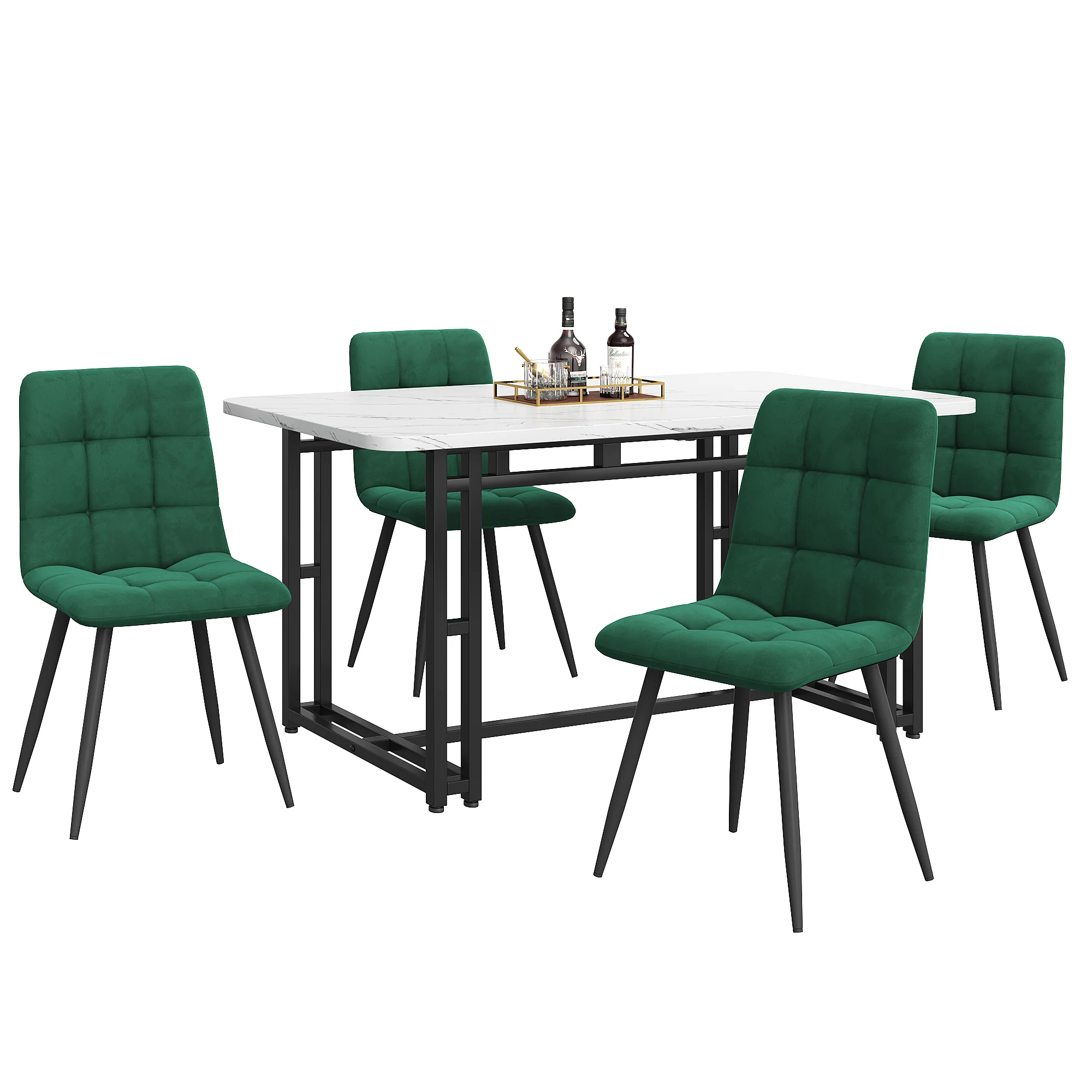 140x80cm Dining Table Set with 4 Chairs Modern Kitchen Black Iron Dark Green Velvet - Image 3