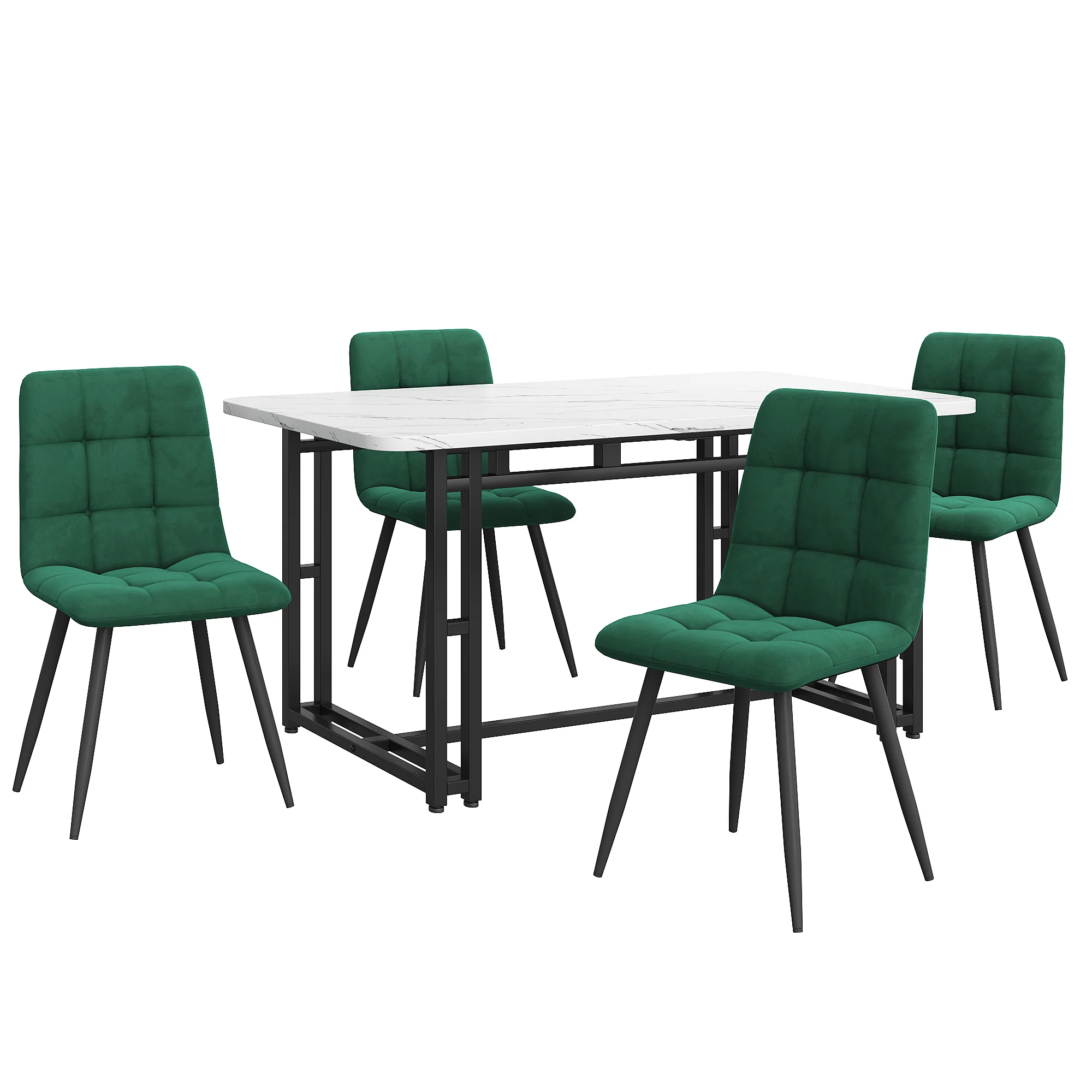 140x80cm Dining Table Set with 4 Chairs Modern Kitchen Black Iron Dark Green Velvet - Image 4
