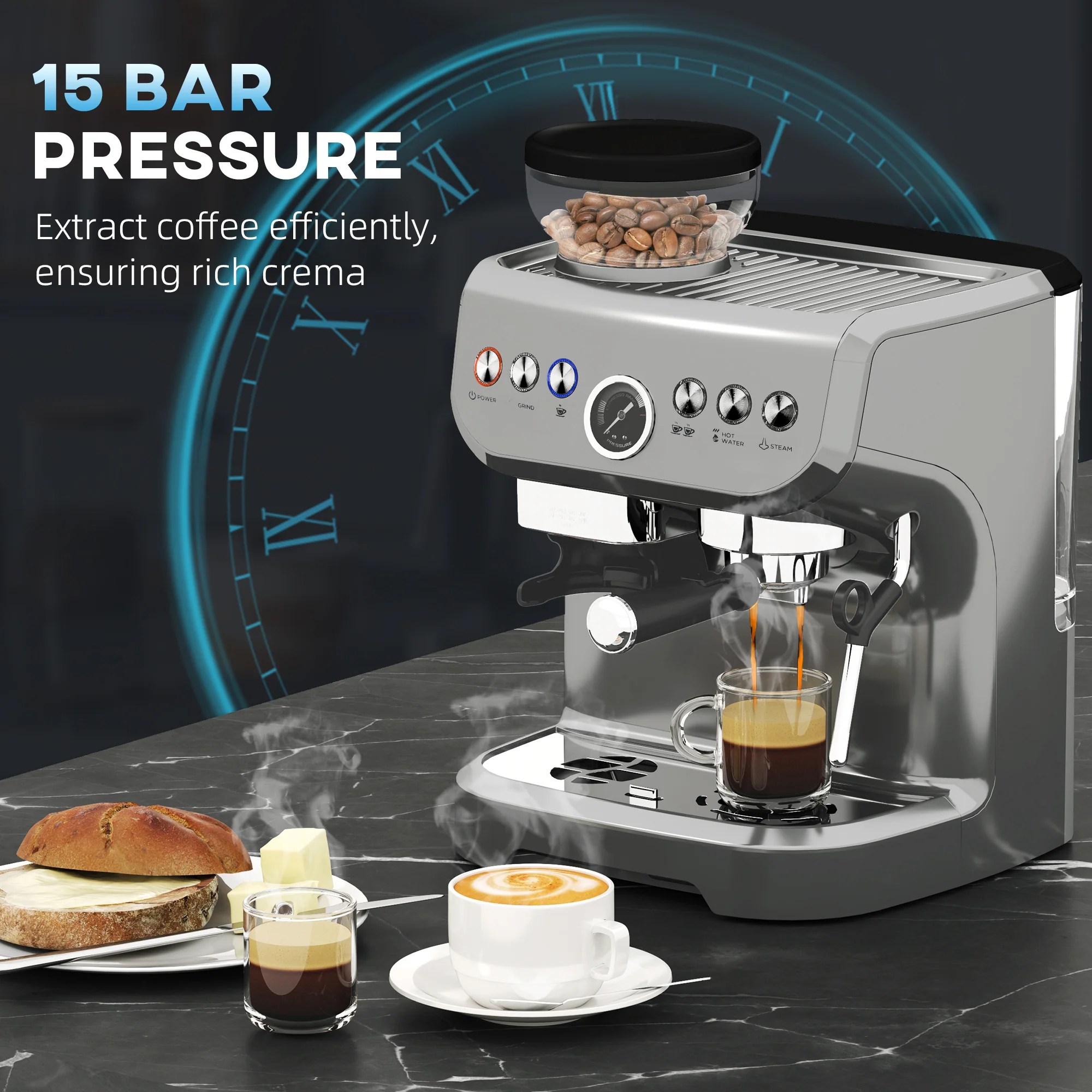 15 Bar Coffee Machine, Adjustable Grind Steamer, Silver - Image 14