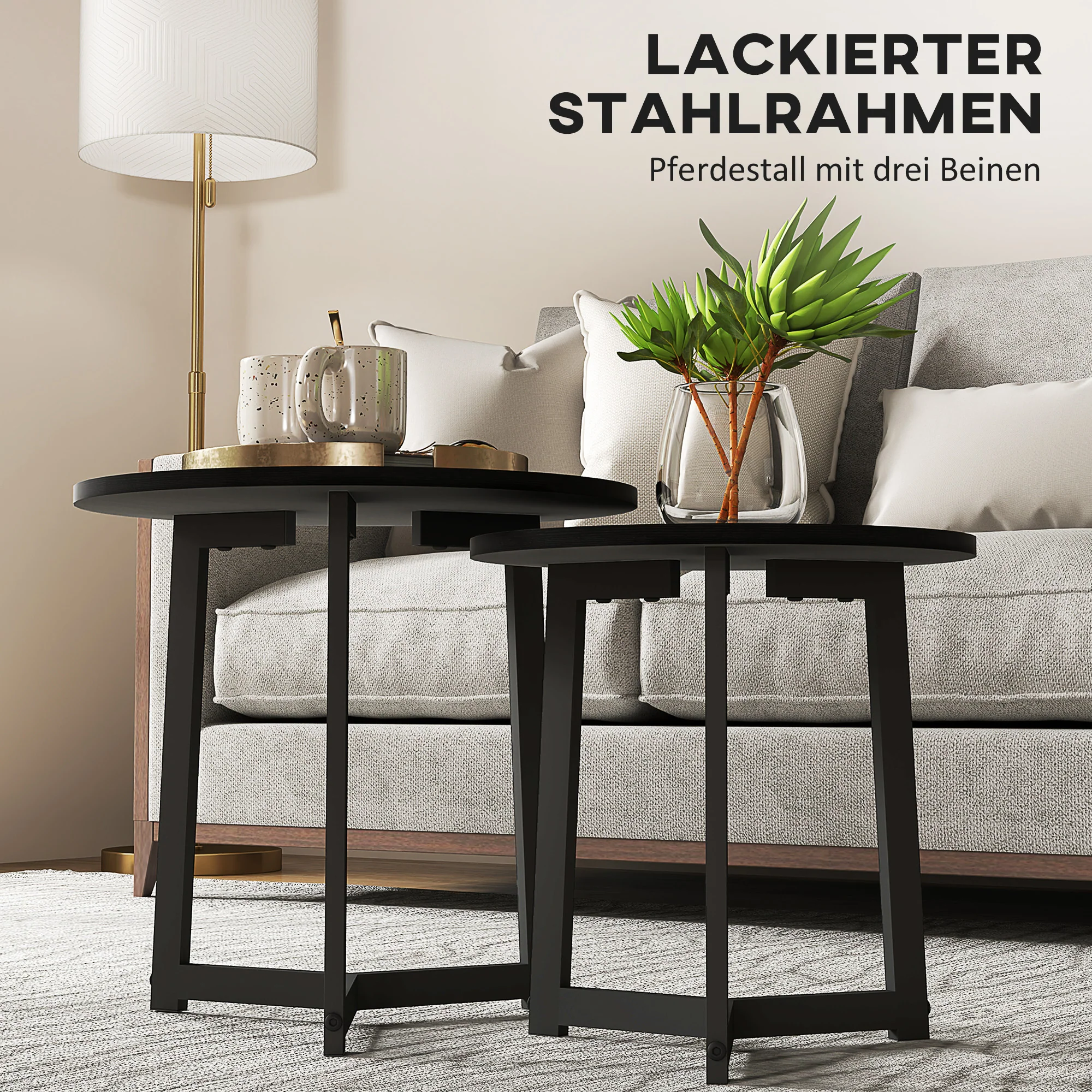 2-Piece Coffee Table Set Round Side Steel Frame, Black - Image 5