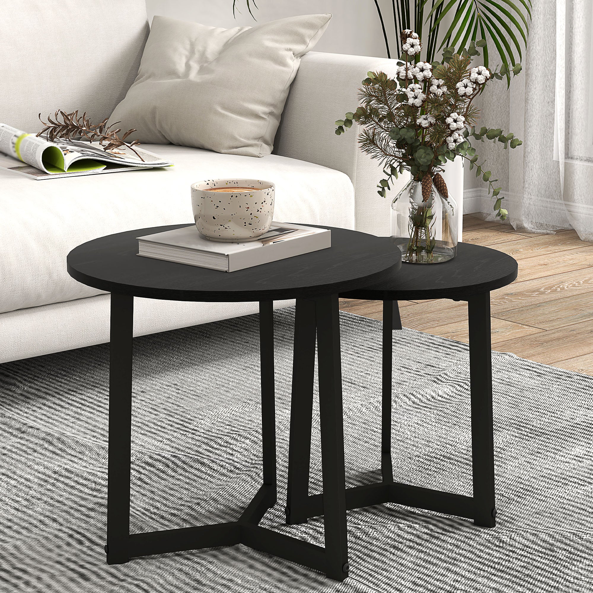 2-Piece Coffee Table Set Round Side Steel Frame, Black - Image 6