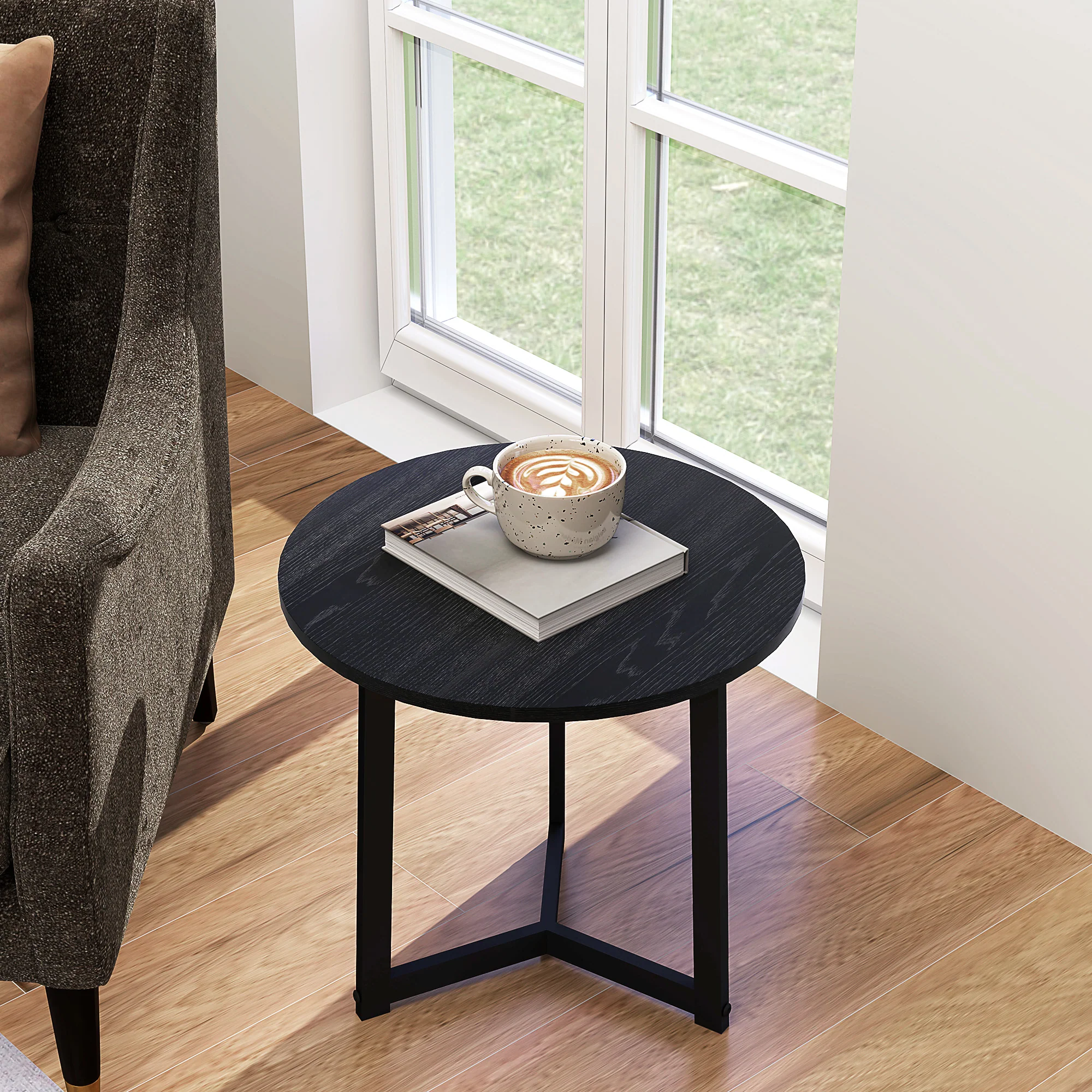 2-Piece Coffee Table Set Round Side Steel Frame, Black - Image 8