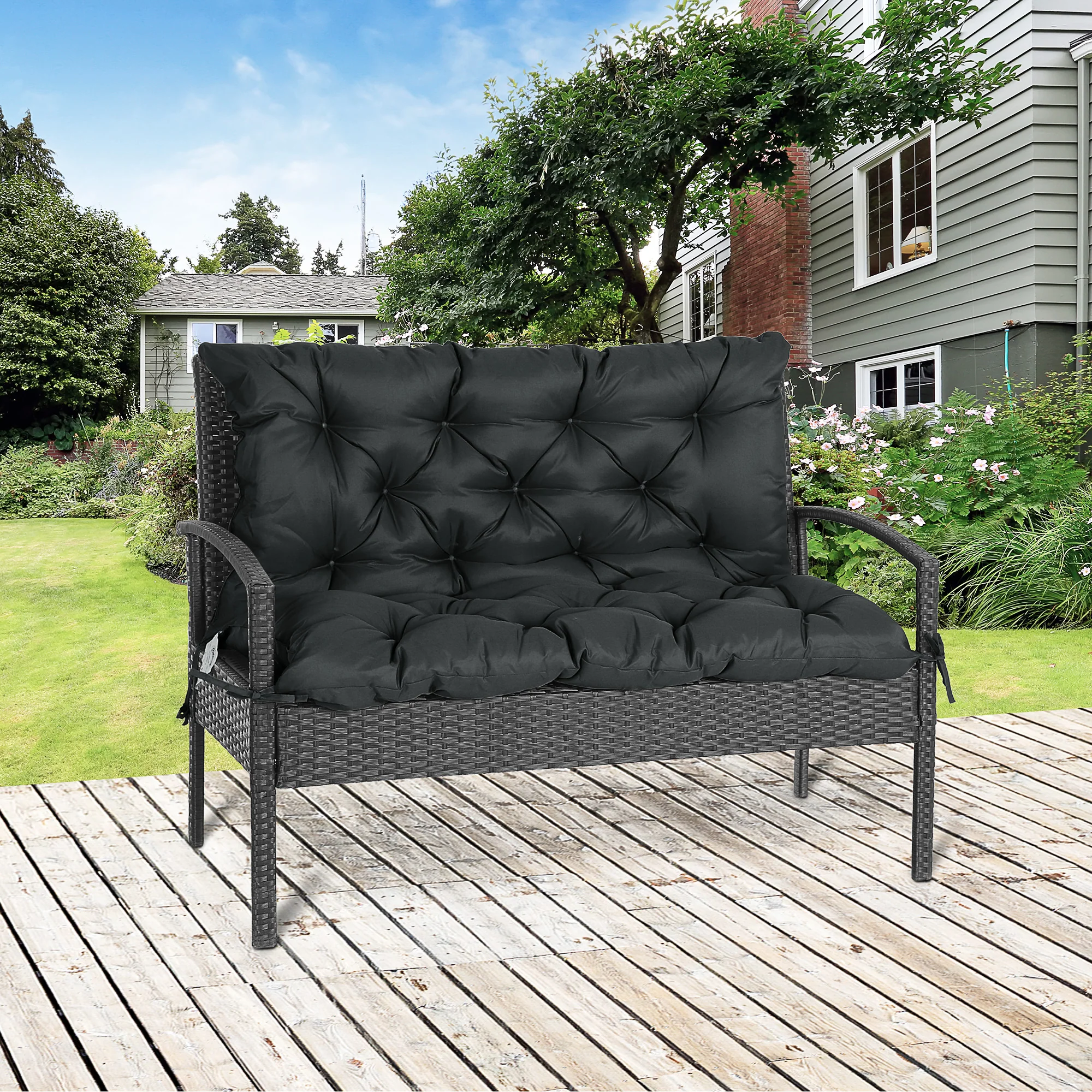 2 Seater Bench Pad, Garden Chair Cushion with Back and Ties 98 x 100 cm, Black - Image 2