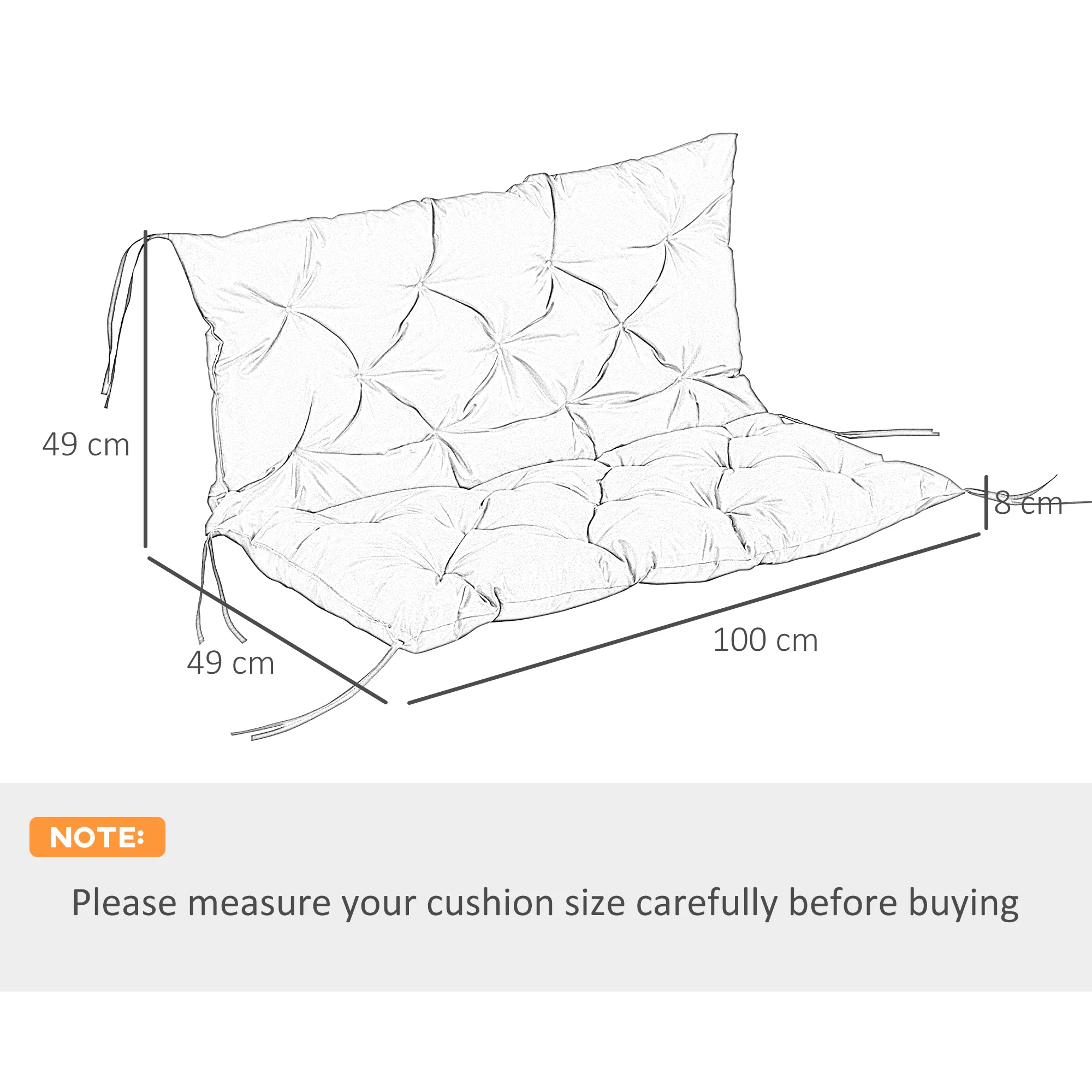 2 Seater Bench Pad, Garden Chair Cushion with Back and Ties 98 x 100 cm, Black - Image 3