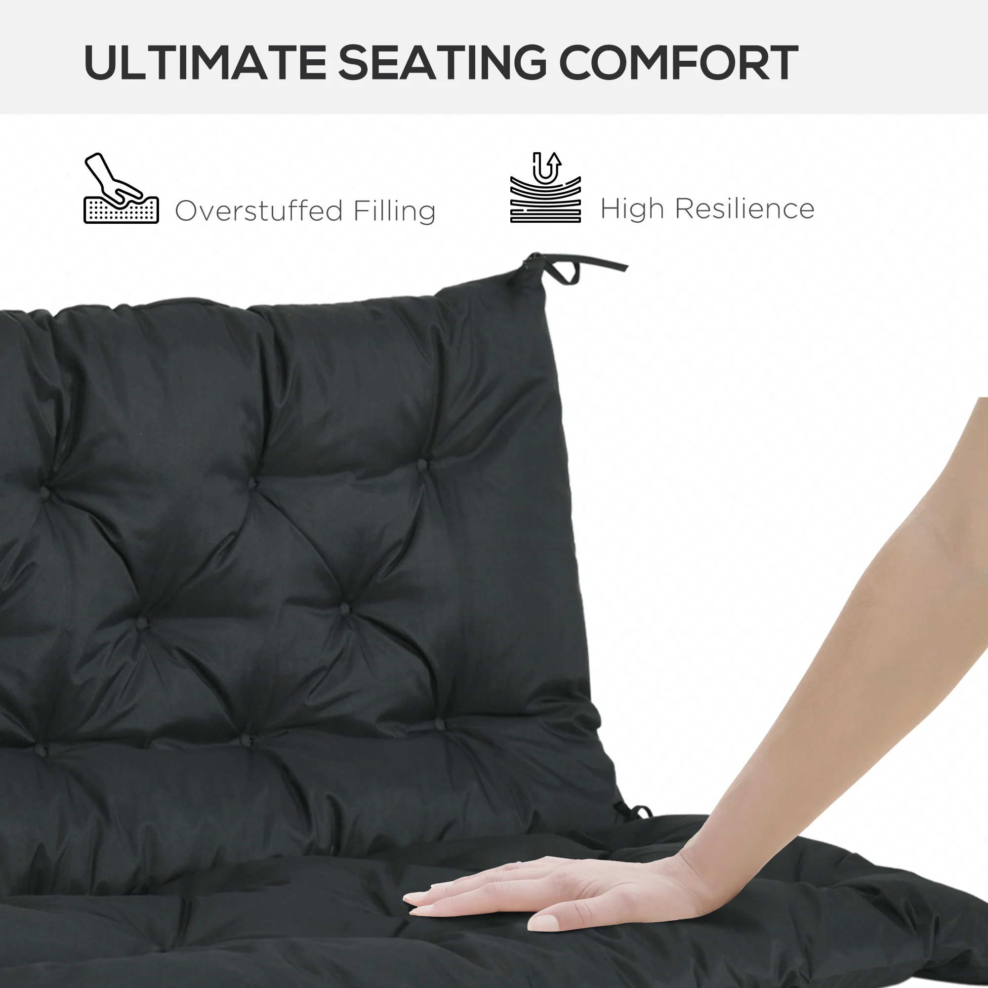 2 Seater Bench Pad, Garden Chair Cushion with Back and Ties 98 x 100 cm, Black - Image 5