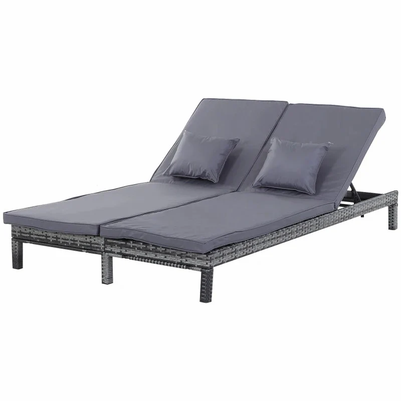 2 Seater Rattan Lounger Adjustable Double Chaise with Cushion - Grey - Image 2