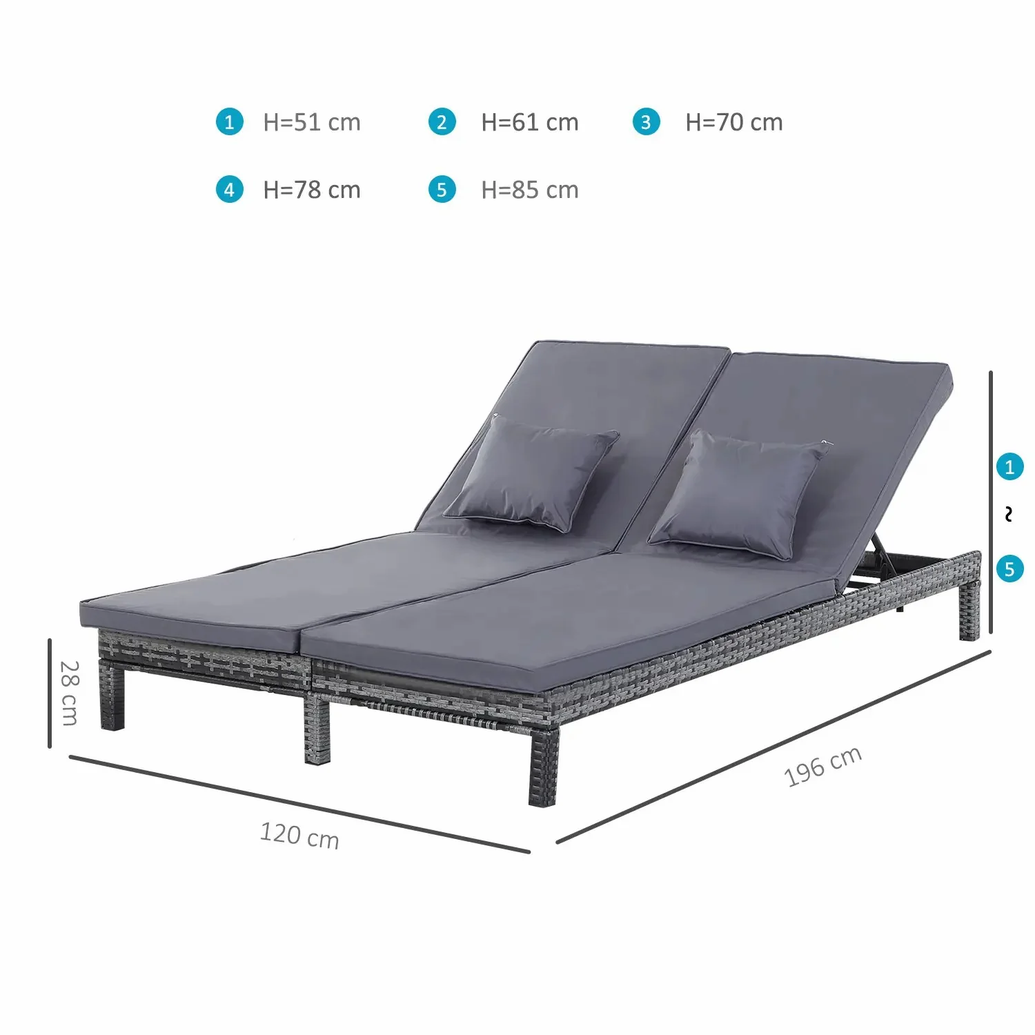 2 Seater Rattan Lounger Adjustable Double Chaise with Cushion - Grey - Image 3