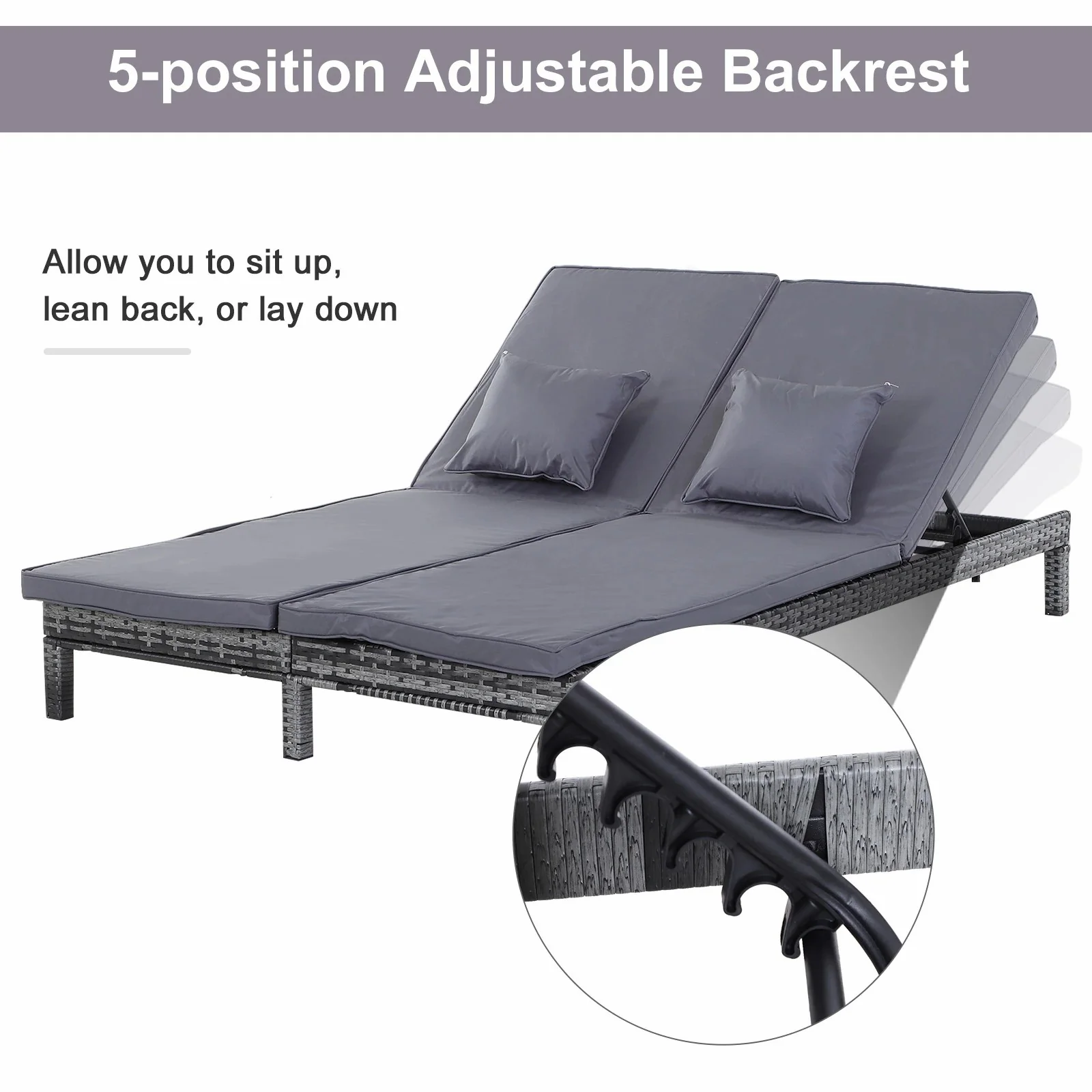 2 Seater Rattan Lounger Adjustable Double Chaise with Cushion - Grey - Image 5