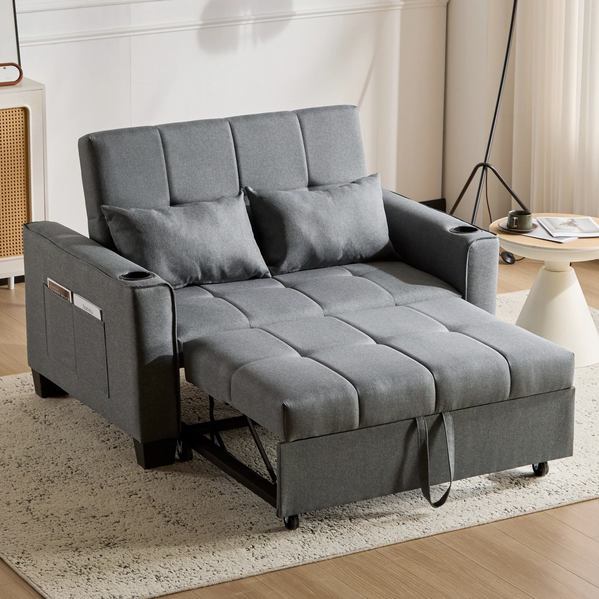 2 Seater Sofa Bed with Cup Holders, Pull Out Sleeper Sofa, Grey Fabric