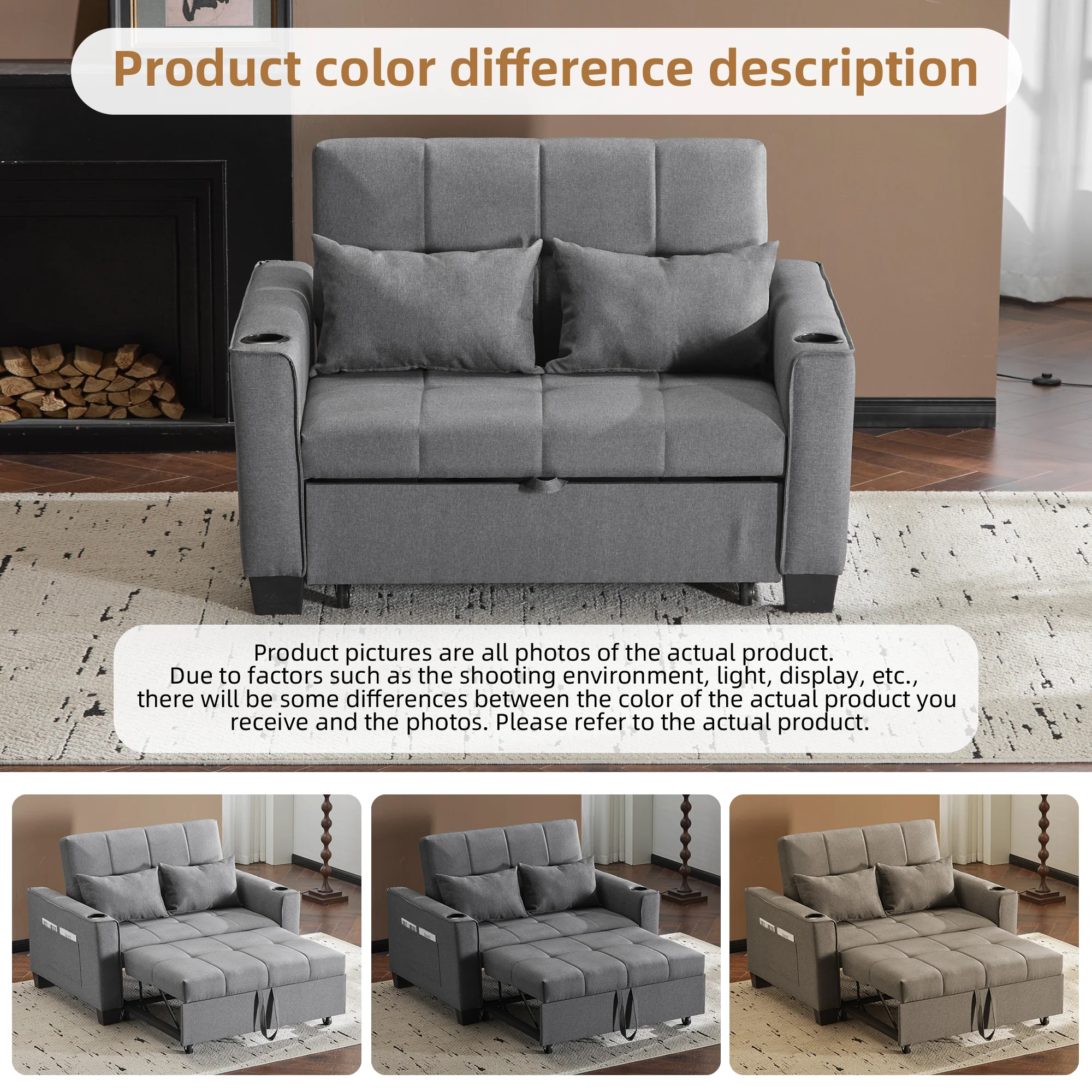 2 Seater Sofa Bed with Cup Holders, Pull Out Sleeper Sofa, Grey Fabric - Image 2