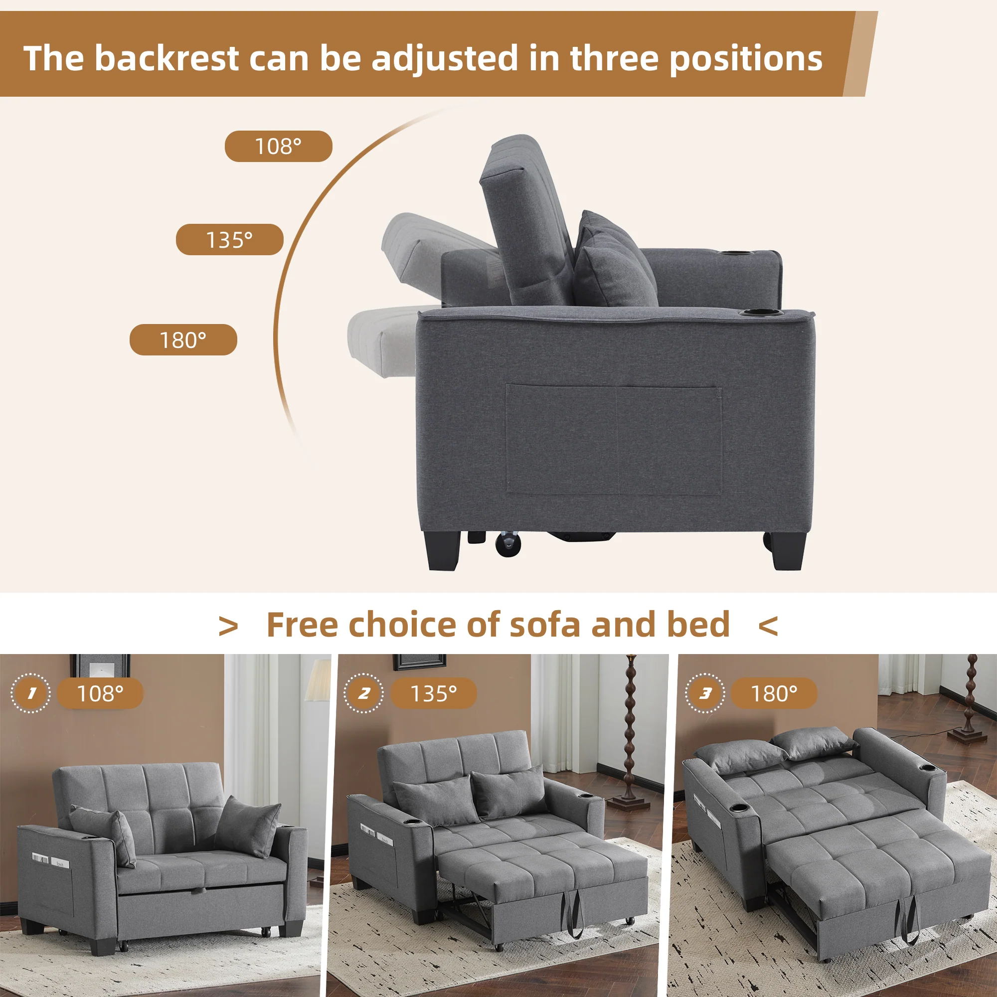 2 Seater Sofa Bed with Cup Holders, Pull Out Sleeper Sofa, Grey Fabric - Image 4