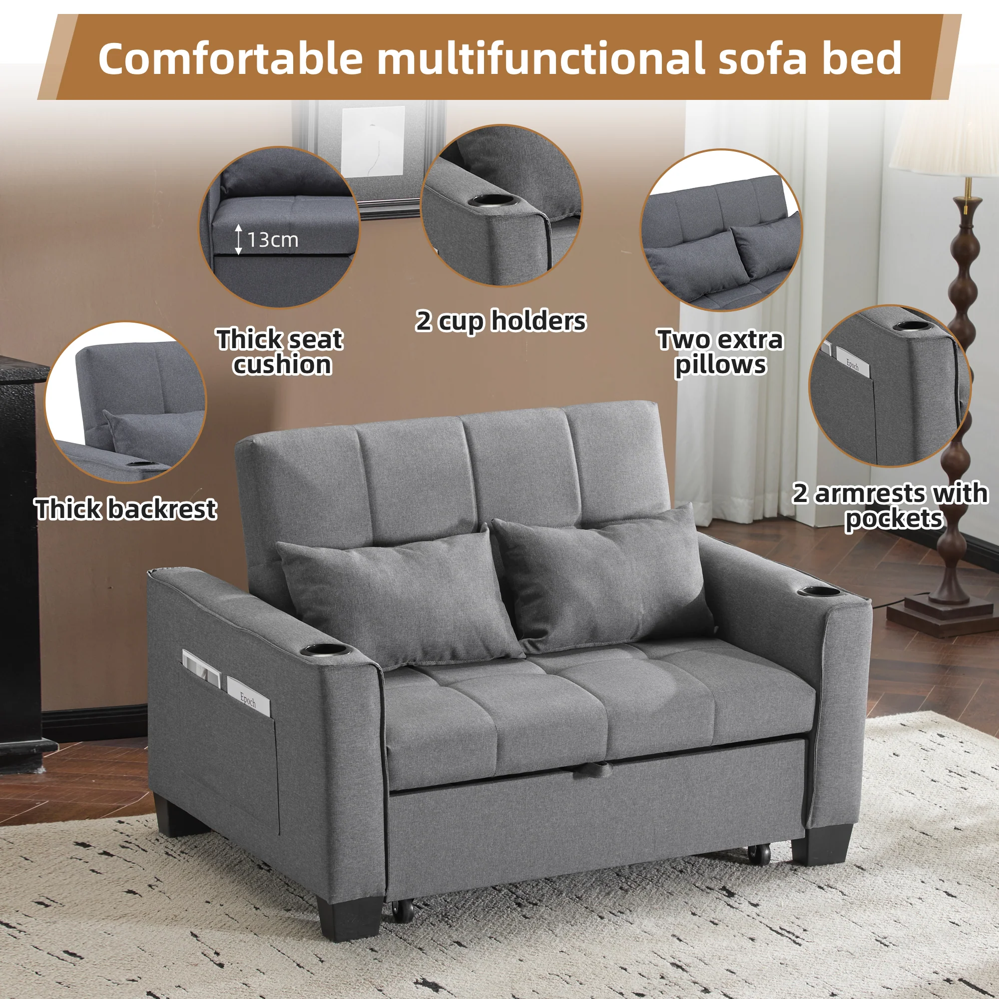 2 Seater Sofa Bed with Cup Holders, Pull Out Sleeper Sofa, Grey Fabric - Image 5