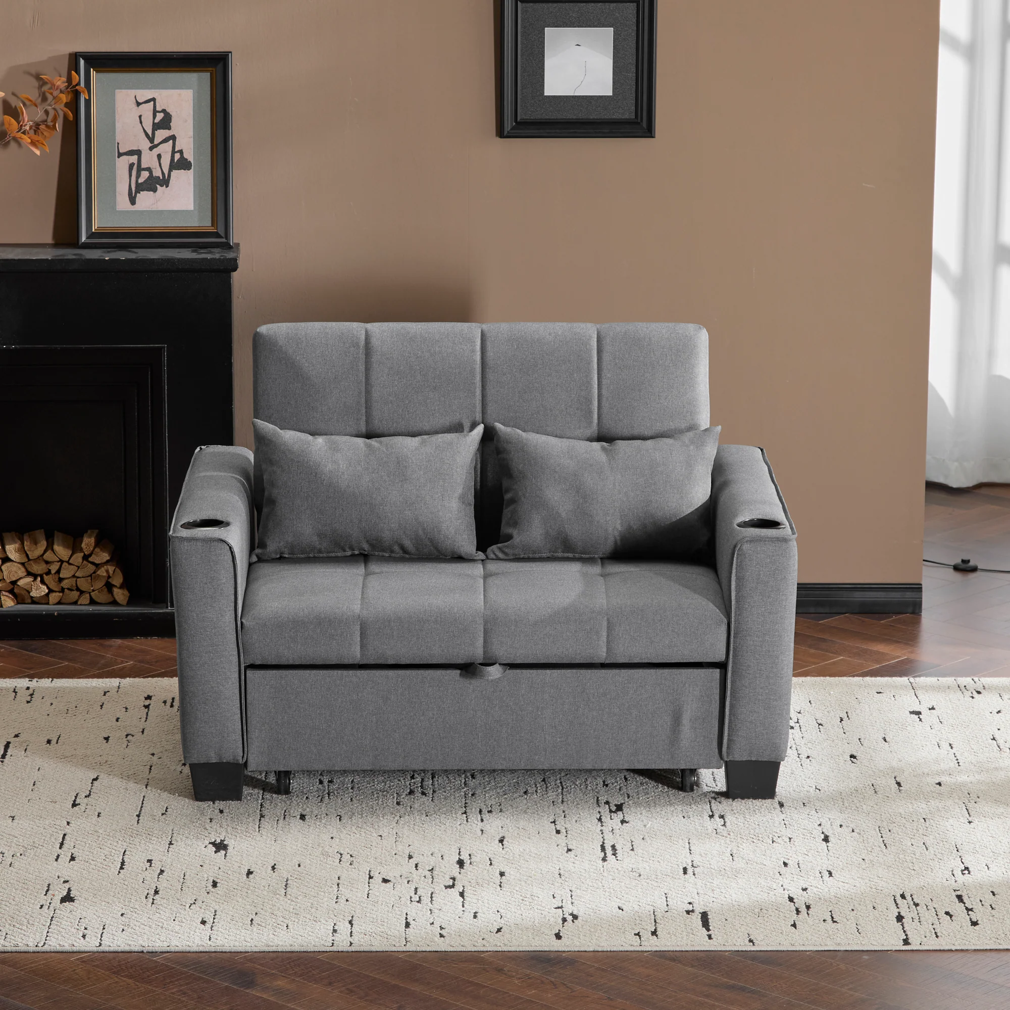 2 Seater Sofa Bed with Cup Holders, Pull Out Sleeper Sofa, Grey Fabric - Image 8