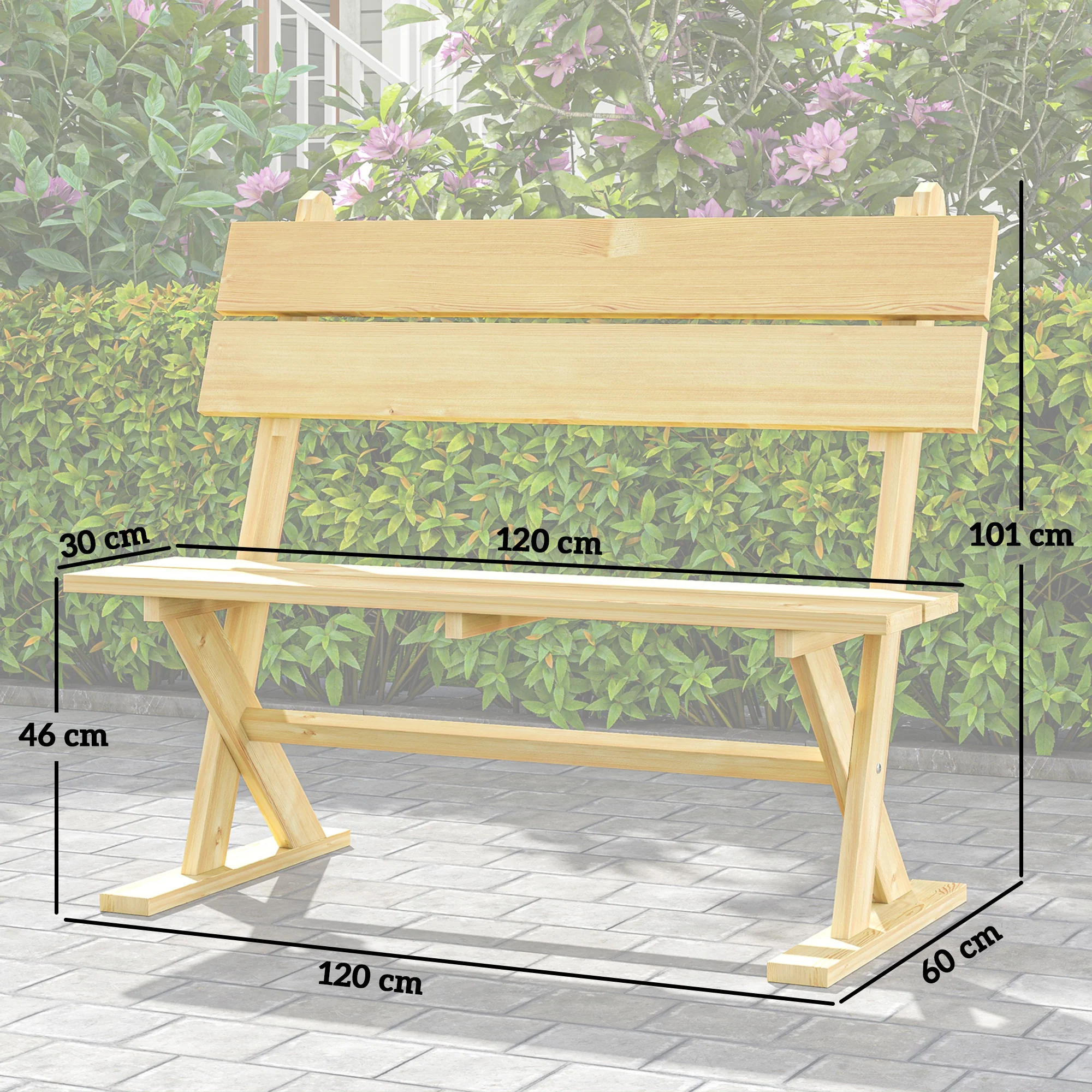 2 Seater Wooden Garden Bench, Outdoor Loveseat Slatted Seat Sloping Back, Fir Wood Natural Finish - Image 3