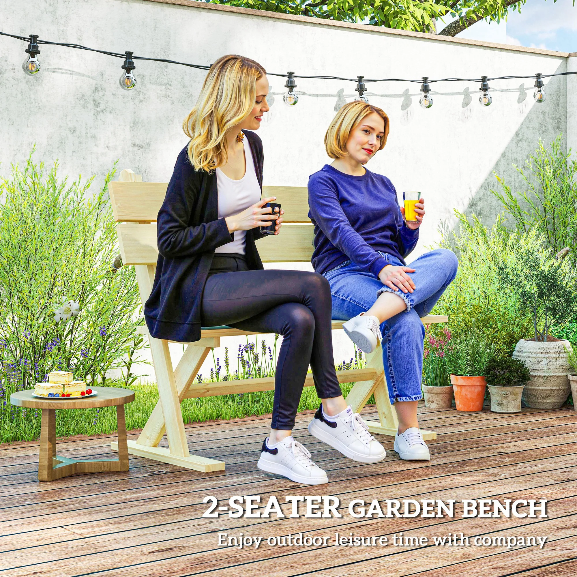 2 Seater Wooden Garden Bench, Outdoor Loveseat Slatted Seat Sloping Back, Fir Wood Natural Finish - Image 4