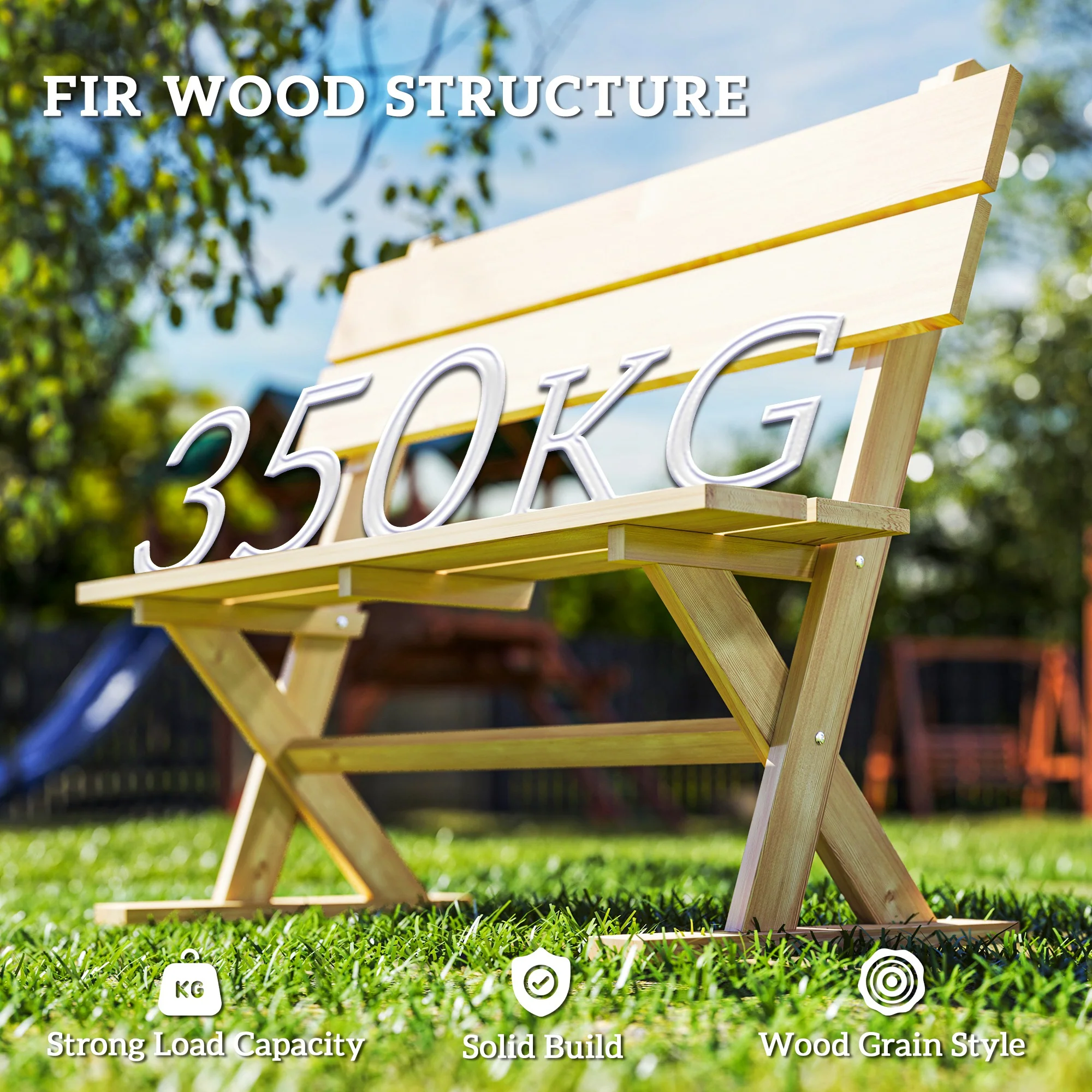 2 Seater Wooden Garden Bench, Outdoor Loveseat Slatted Seat Sloping Back, Fir Wood Natural Finish - Image 5