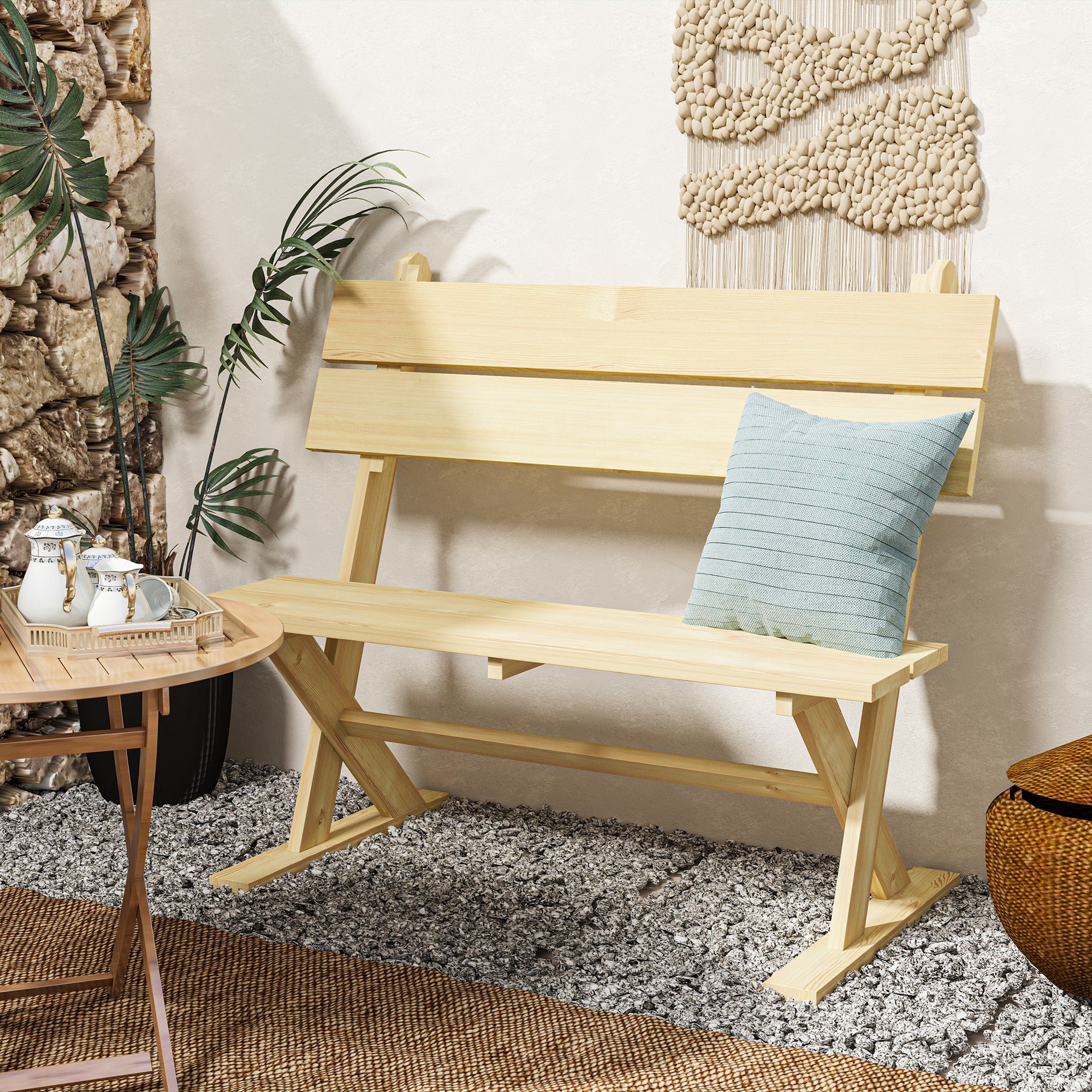 2 Seater Wooden Garden Bench, Outdoor Loveseat Slatted Seat Sloping Back, Fir Wood Natural Finish - Image 7