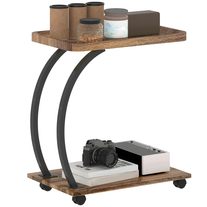 2-Tier Mobile C-Shaped Side Table, Engineered Wood Brown - Image 2