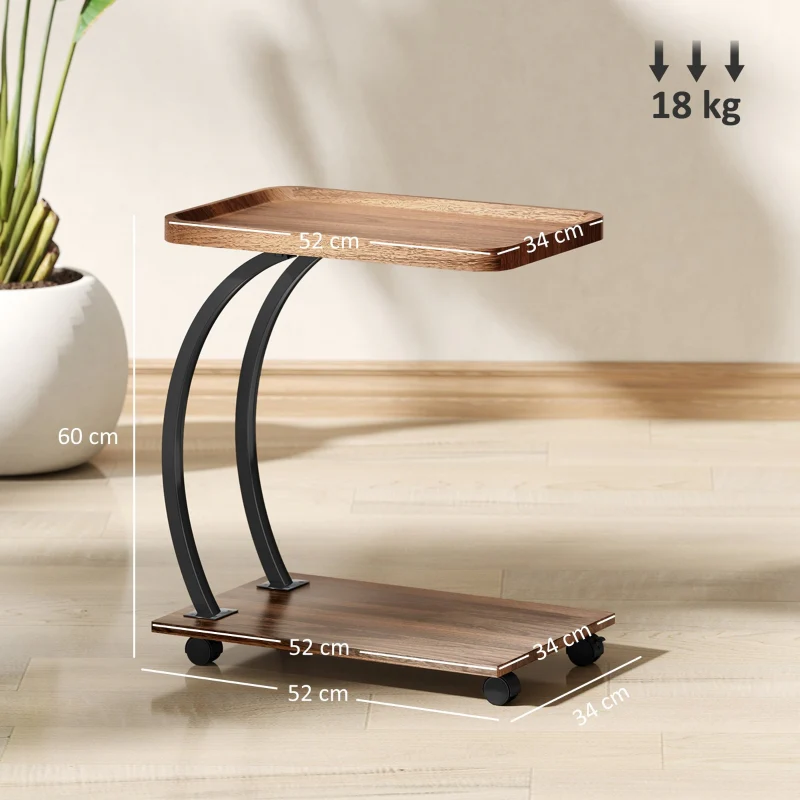 2-Tier Mobile C-Shaped Side Table, Engineered Wood Brown - Image 3