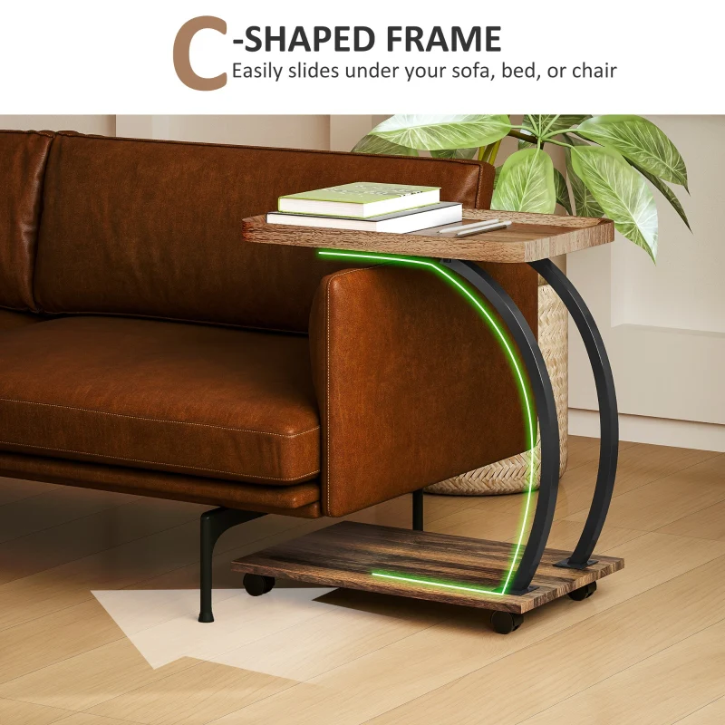 2-Tier Mobile C-Shaped Side Table, Engineered Wood Brown - Image 4
