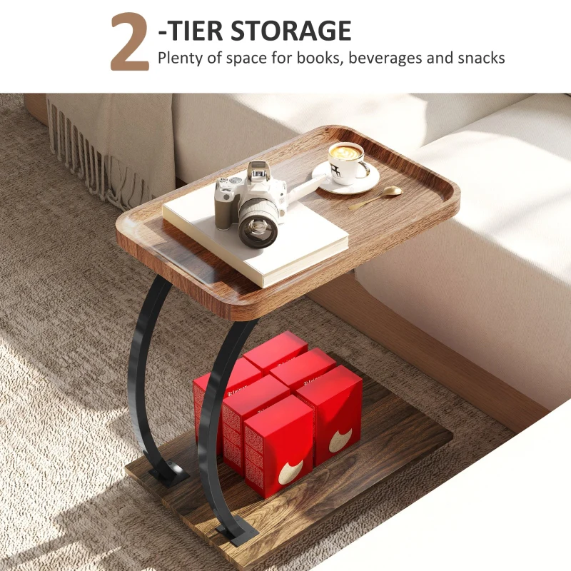 2-Tier Mobile C-Shaped Side Table, Engineered Wood Brown - Image 5