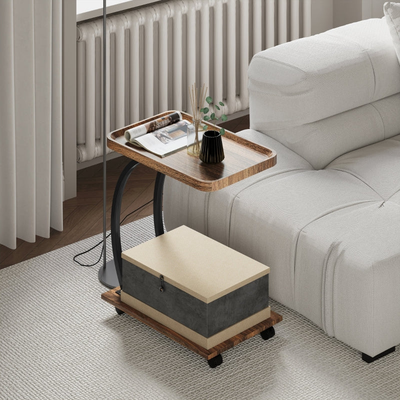 2-Tier Mobile C-Shaped Side Table, Engineered Wood Brown - Image 7
