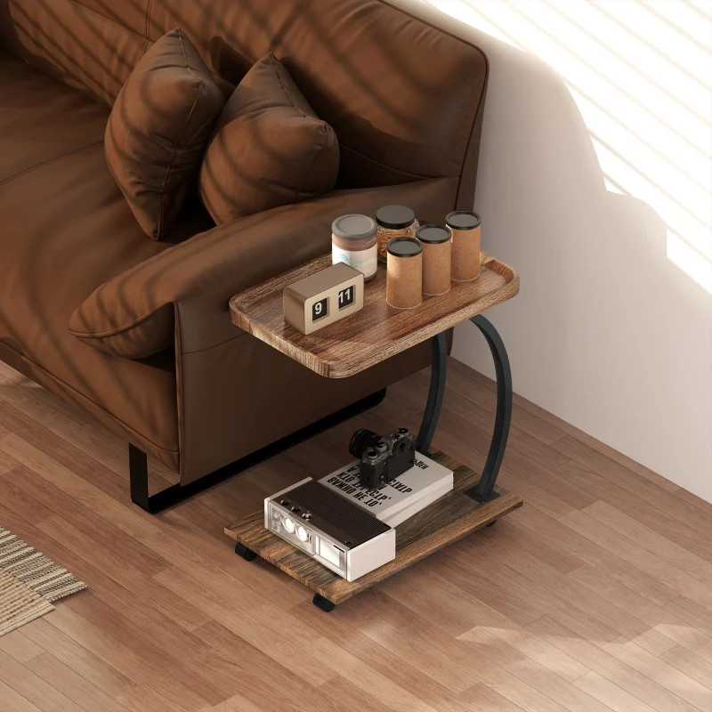 2-Tier Mobile C-Shaped Side Table, Engineered Wood Brown - Image 8