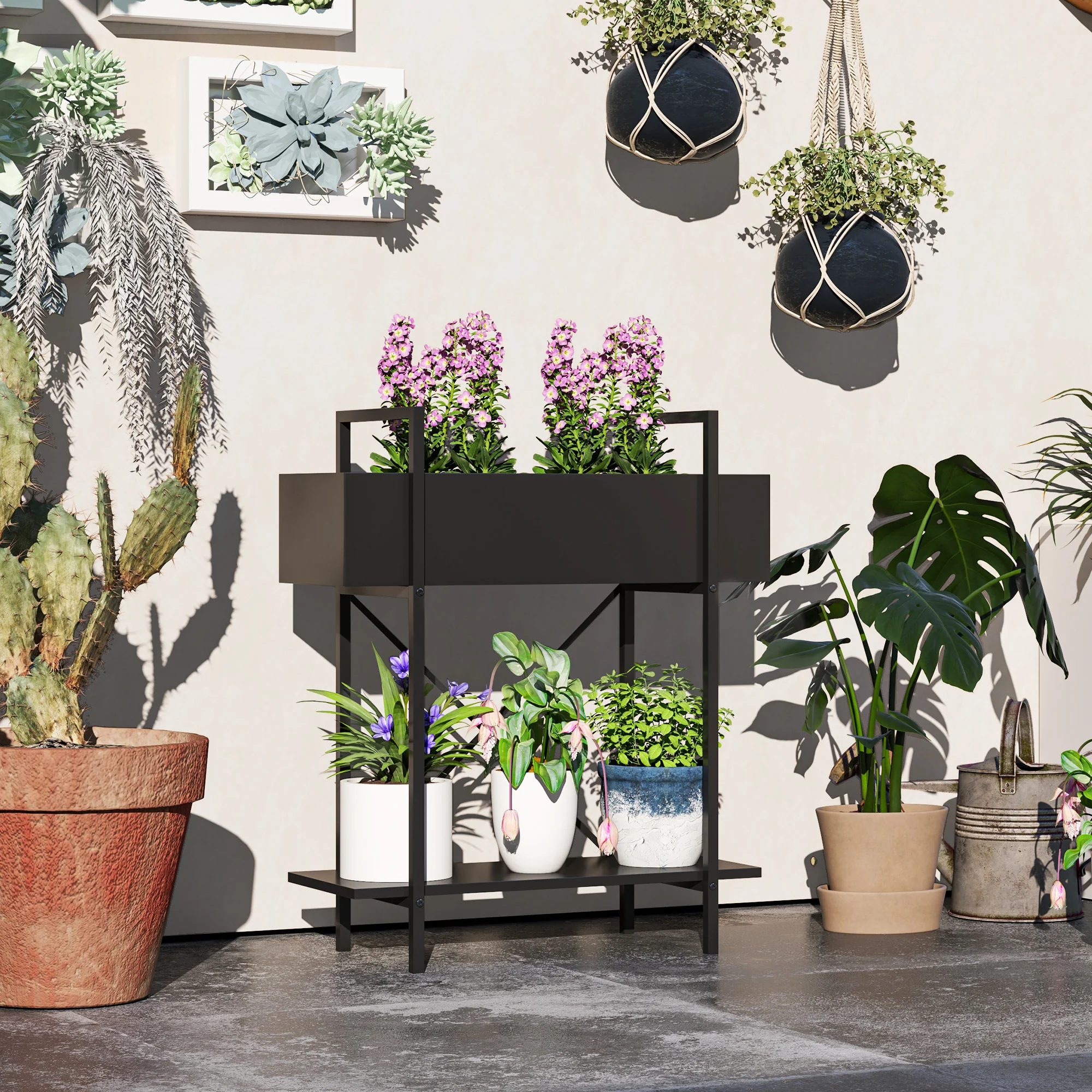 2-Tier Plant Stand, 70cm High, Metal, Black