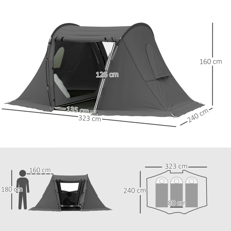3 Man Camping Tent, Living Area, 2 Bedrooms, 3000mm Waterproof, Dark Grey - Image 3