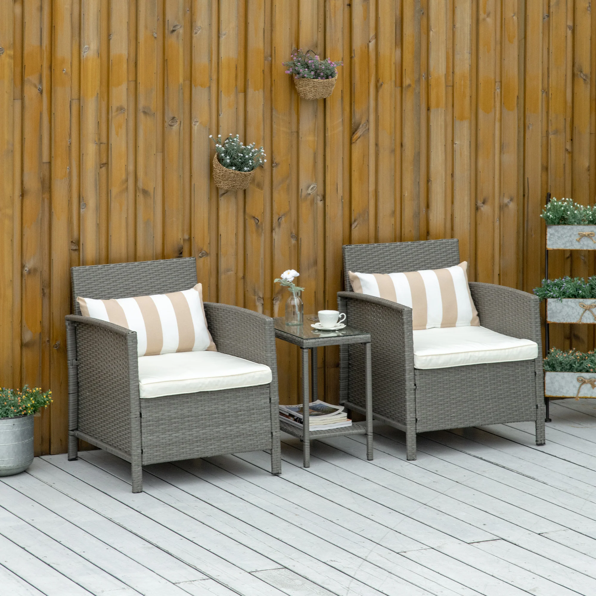 3 Pieces Rattan Bistro Set, Glass Top Table and Chairs with Cushions, Light Grey
