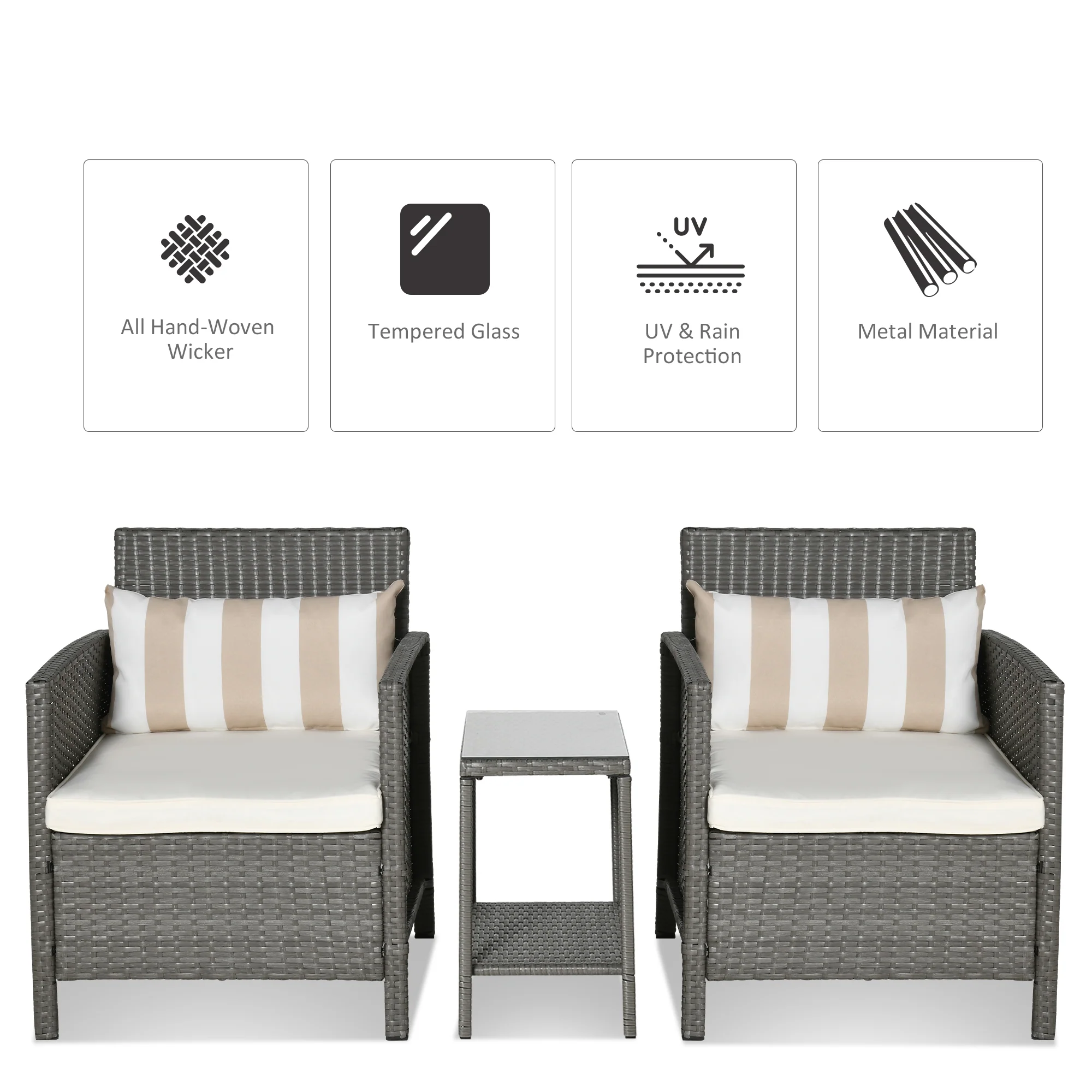 3 Pieces Rattan Bistro Set, Glass Top Table and Chairs with Cushions, Light Grey - Image 4