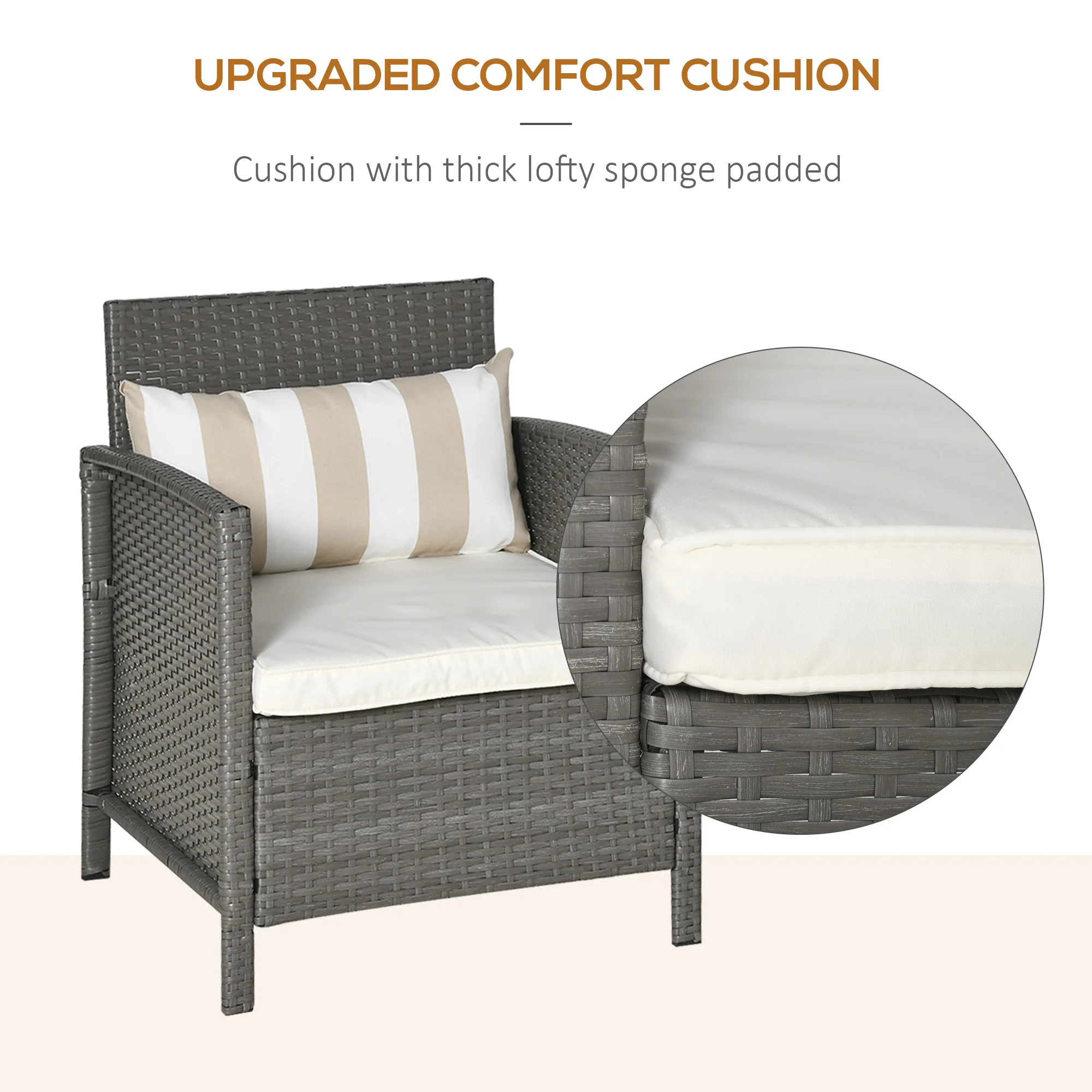 3 Pieces Rattan Bistro Set, Glass Top Table and Chairs with Cushions, Light Grey - Image 6