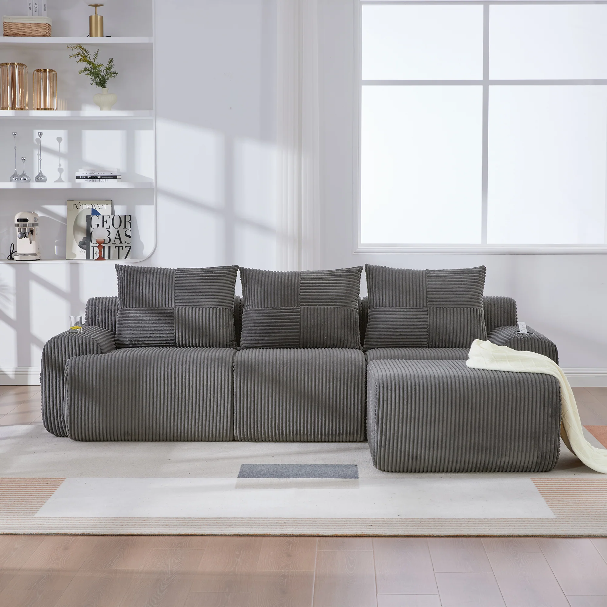 3-Seater Modular Corduroy Sofa with Ottomans, Cup Holders and Storage, Dark Grey - Image 10