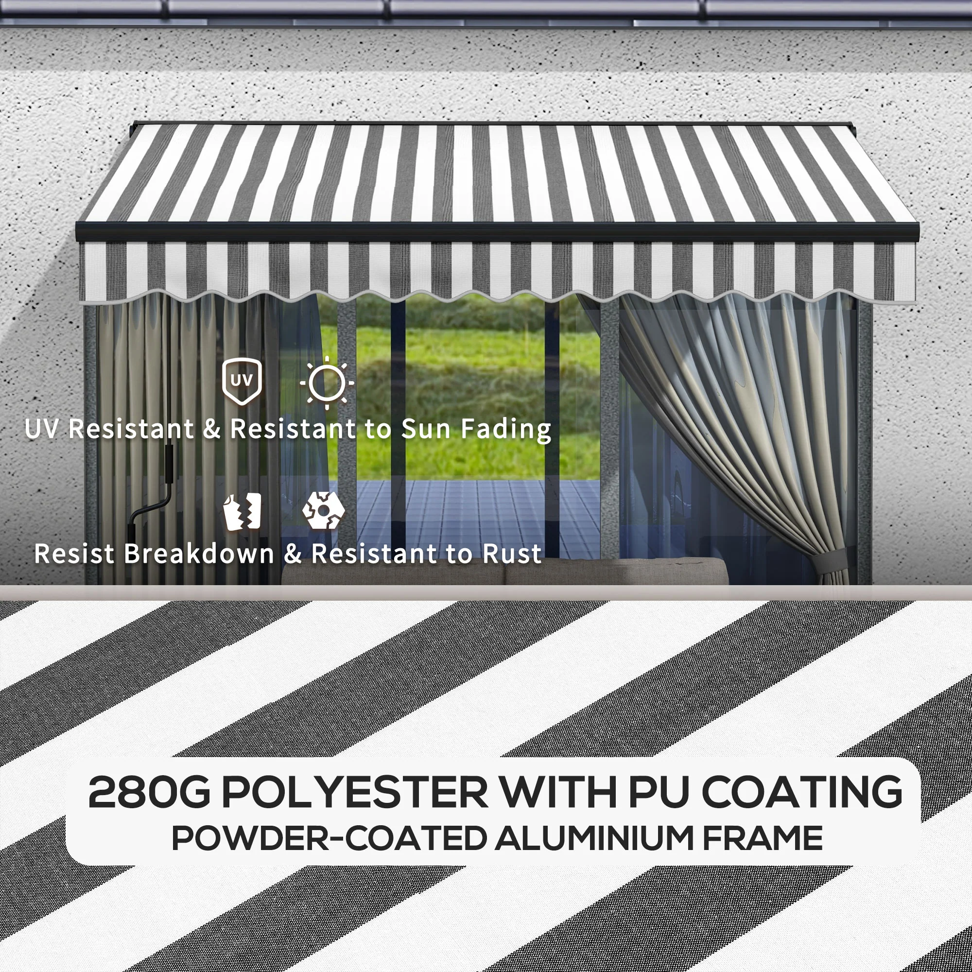 3 x 2m Electric Awning with Remote Aluminium Frame - Grey/White - Image 4