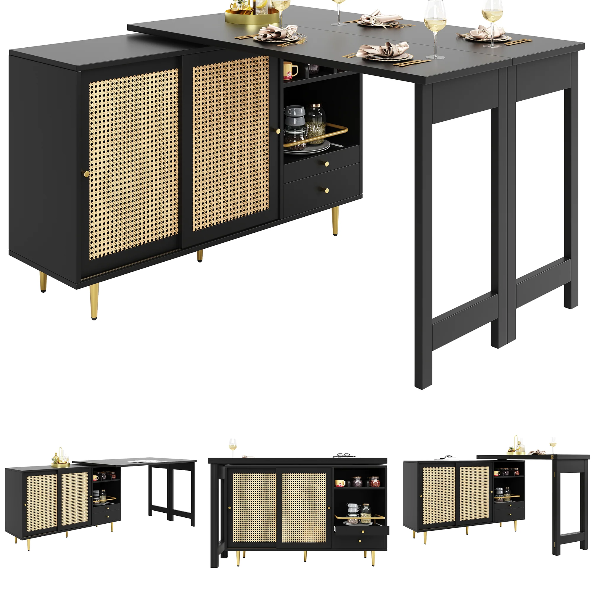 360° Rotating Bar Table Extendable Rattan Storage Cabinet Black - Image 2