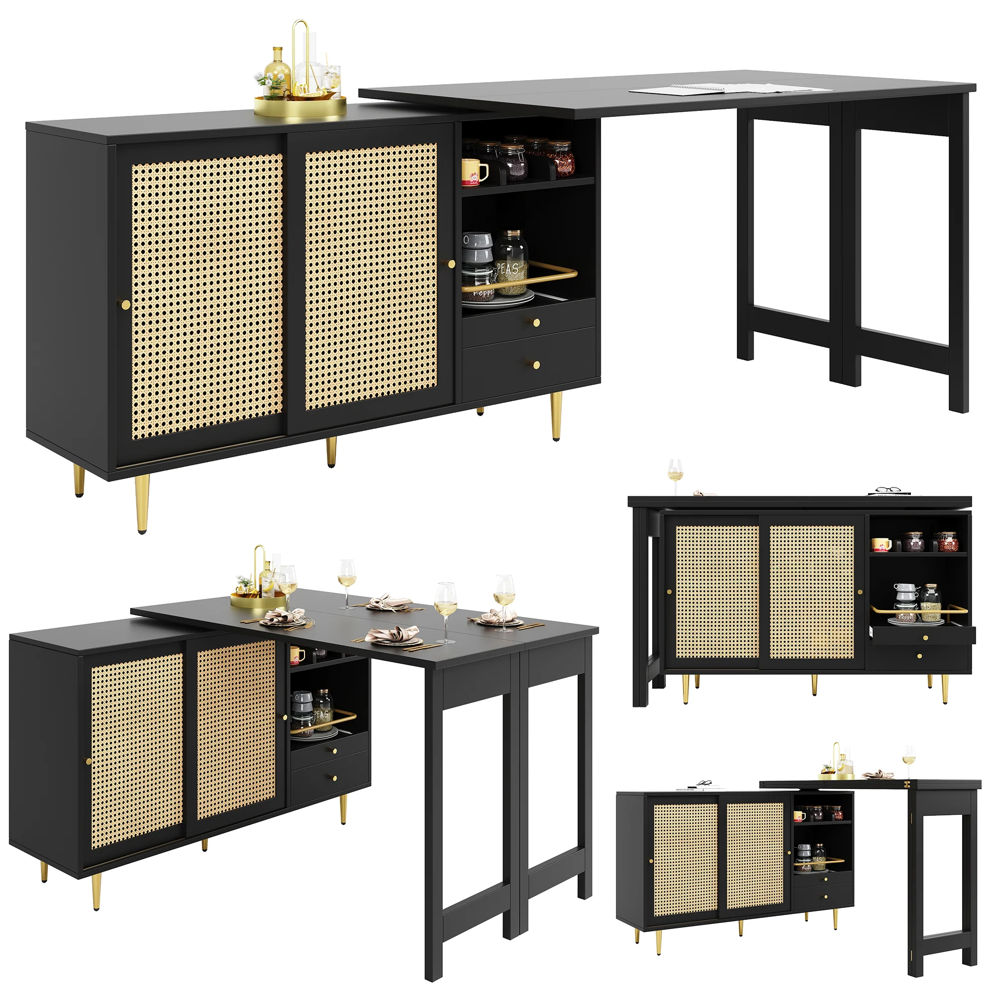 360° Rotating Bar Table Extendable Rattan Storage Cabinet Black - Image 4