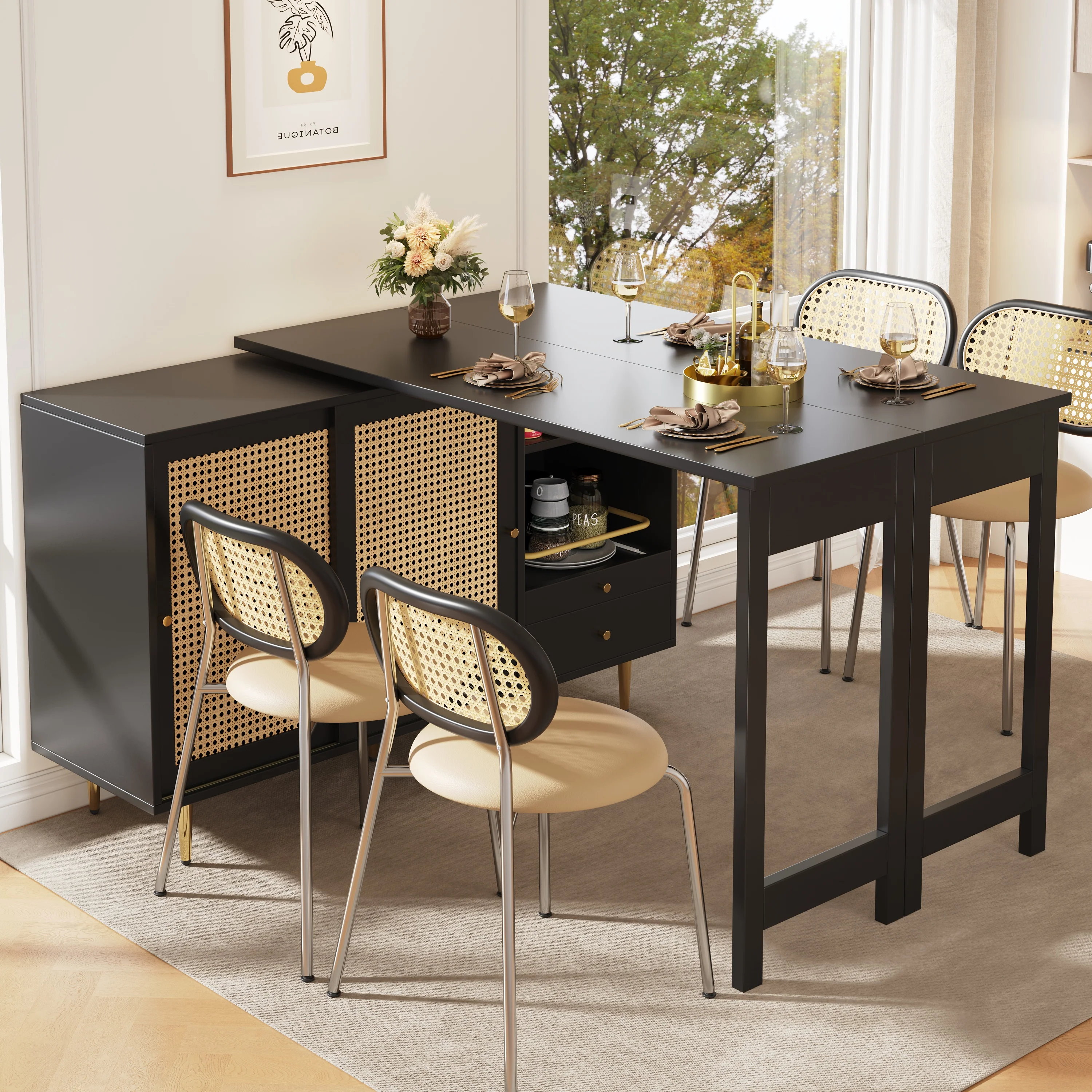 360° Rotating Bar Table Extendable Rattan Storage Cabinet Black - Image 5