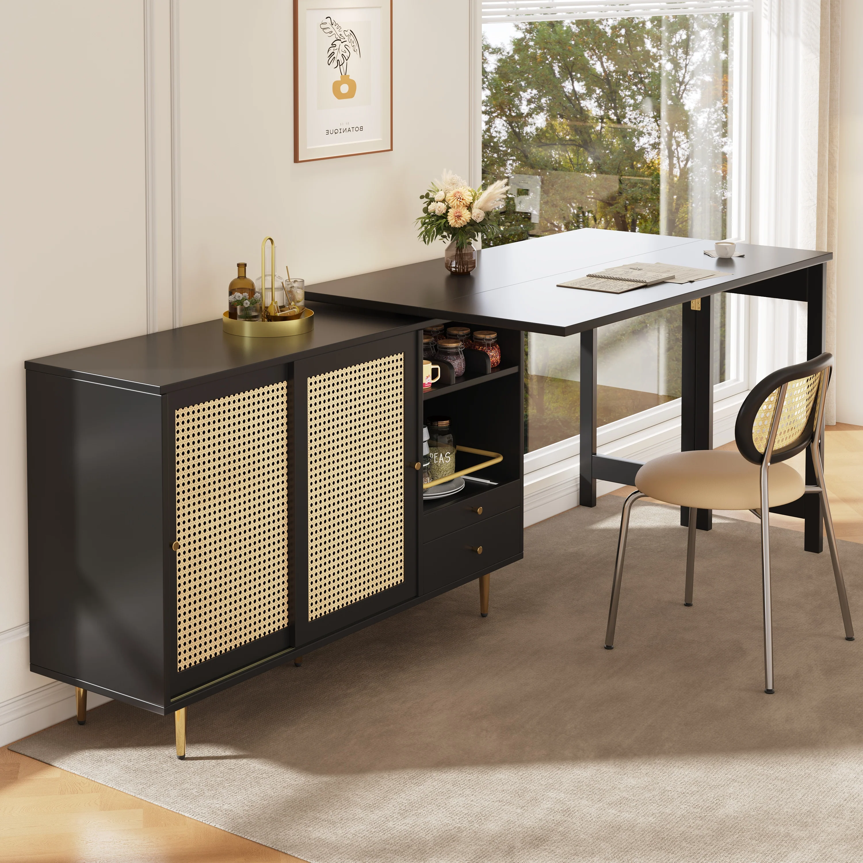 360° Rotating Bar Table Extendable Rattan Storage Cabinet Black - Image 6