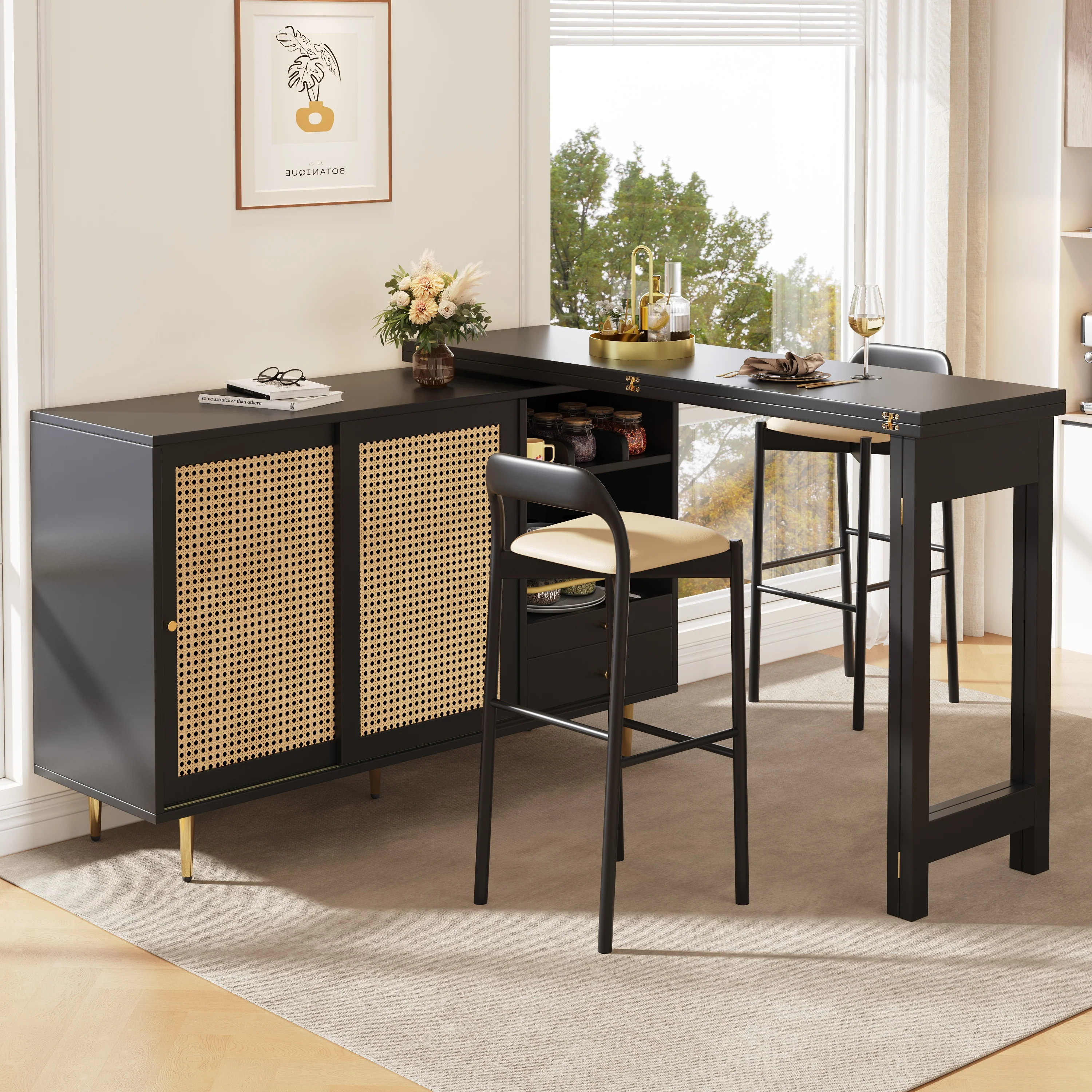 360° Rotating Bar Table Extendable Rattan Storage Cabinet Black - Image 7