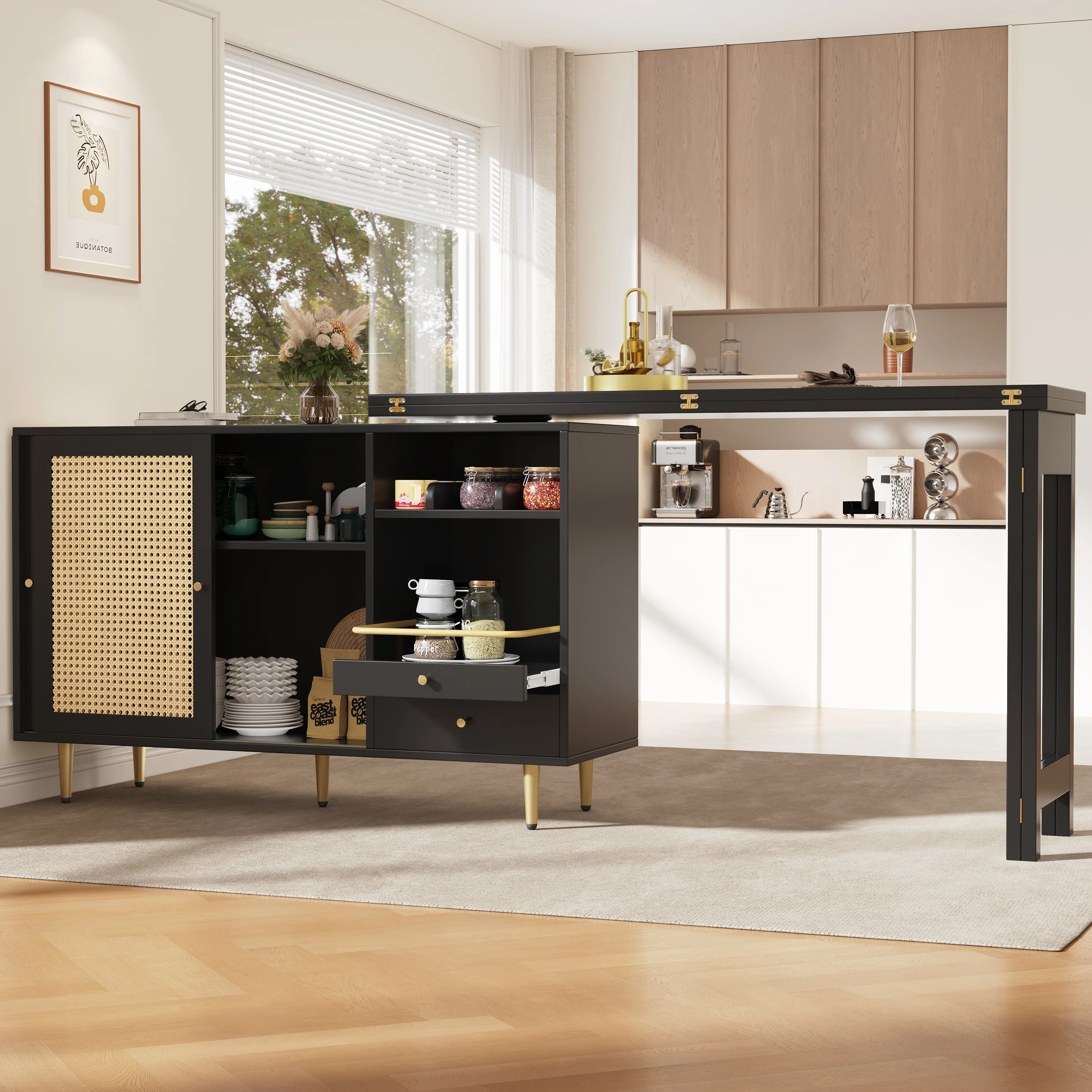 360° Rotating Bar Table Extendable Rattan Storage Cabinet Black - Image 8