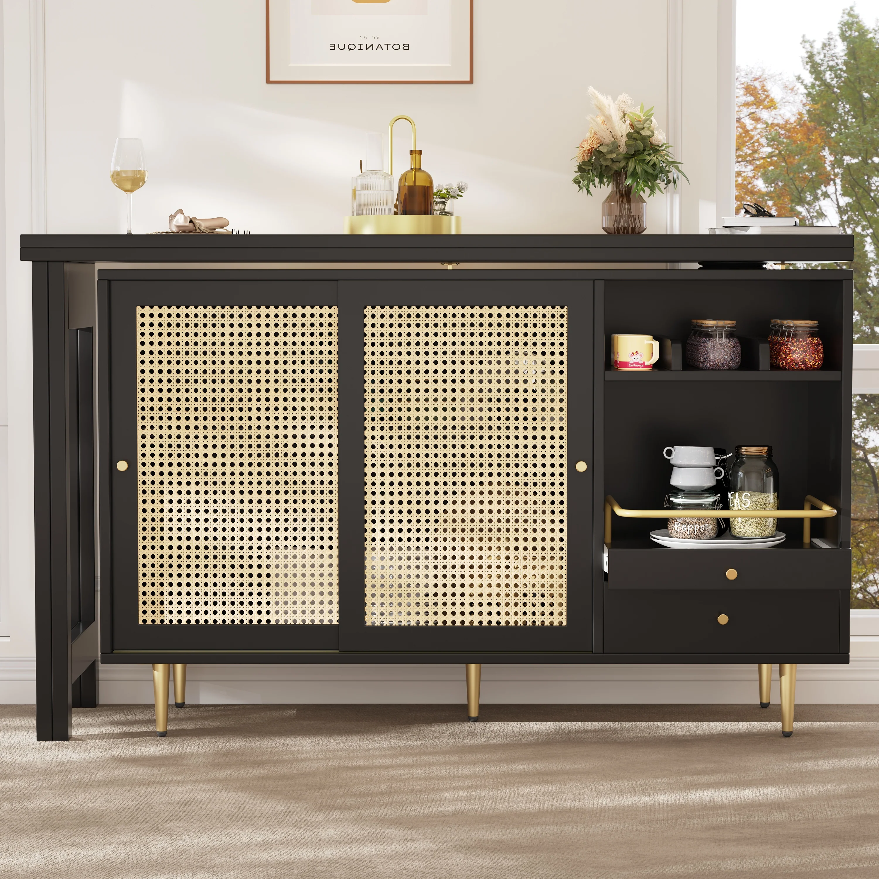 360° Rotating Bar Table Extendable Rattan Storage Cabinet Black - Image 9