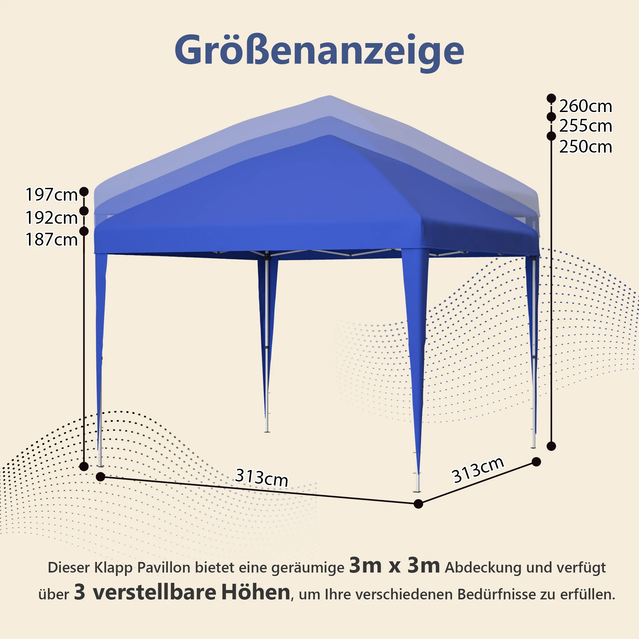 3x3m Pop-up Gazebo, Height-Adjustable Folding Garden Gazebo with 4 Sandbags & Carrying Bag, Blue - Image 2