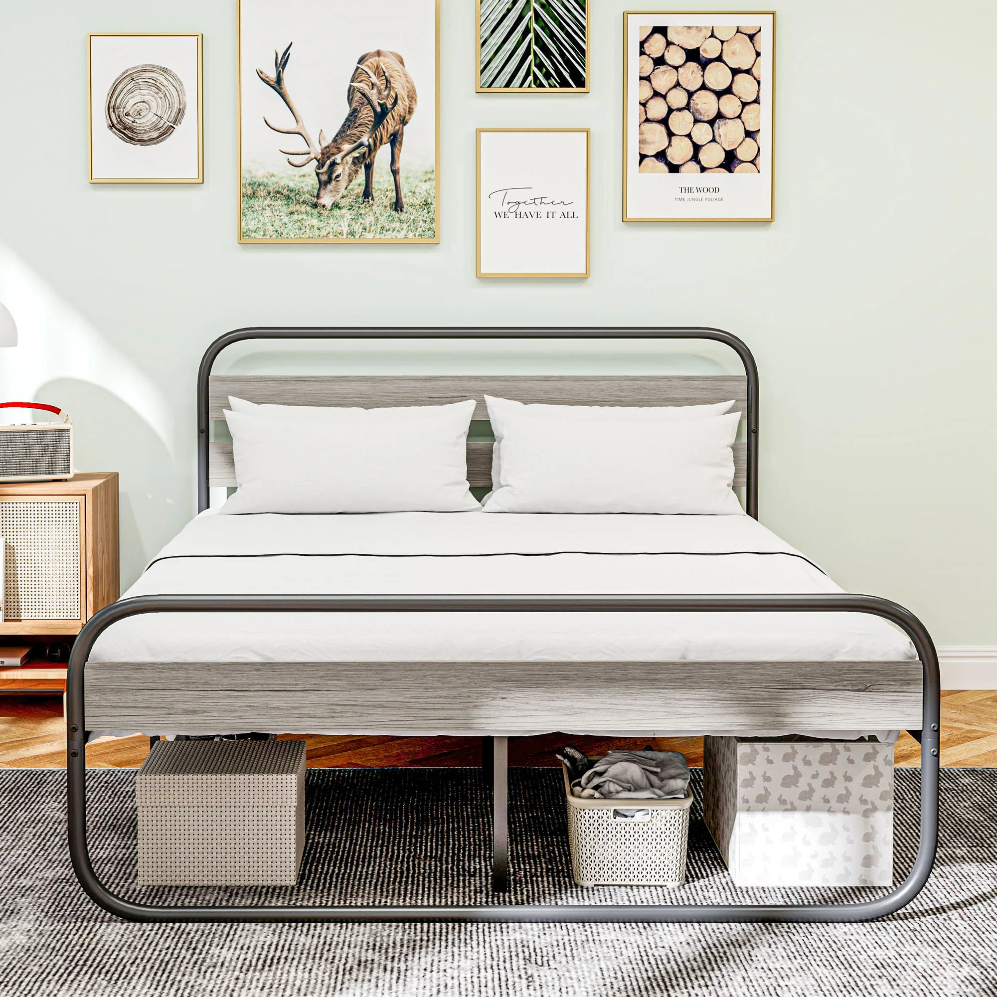 4ft6 Double Bed Frame, Industrial Style Platform with Under Bed Storage, Grey Metal