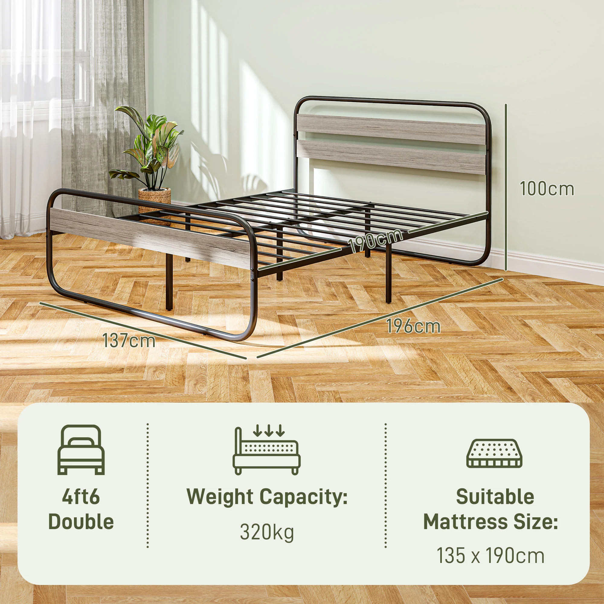 4ft6 Double Bed Frame, Industrial Style Platform with Under Bed Storage, Grey Metal - Image 3