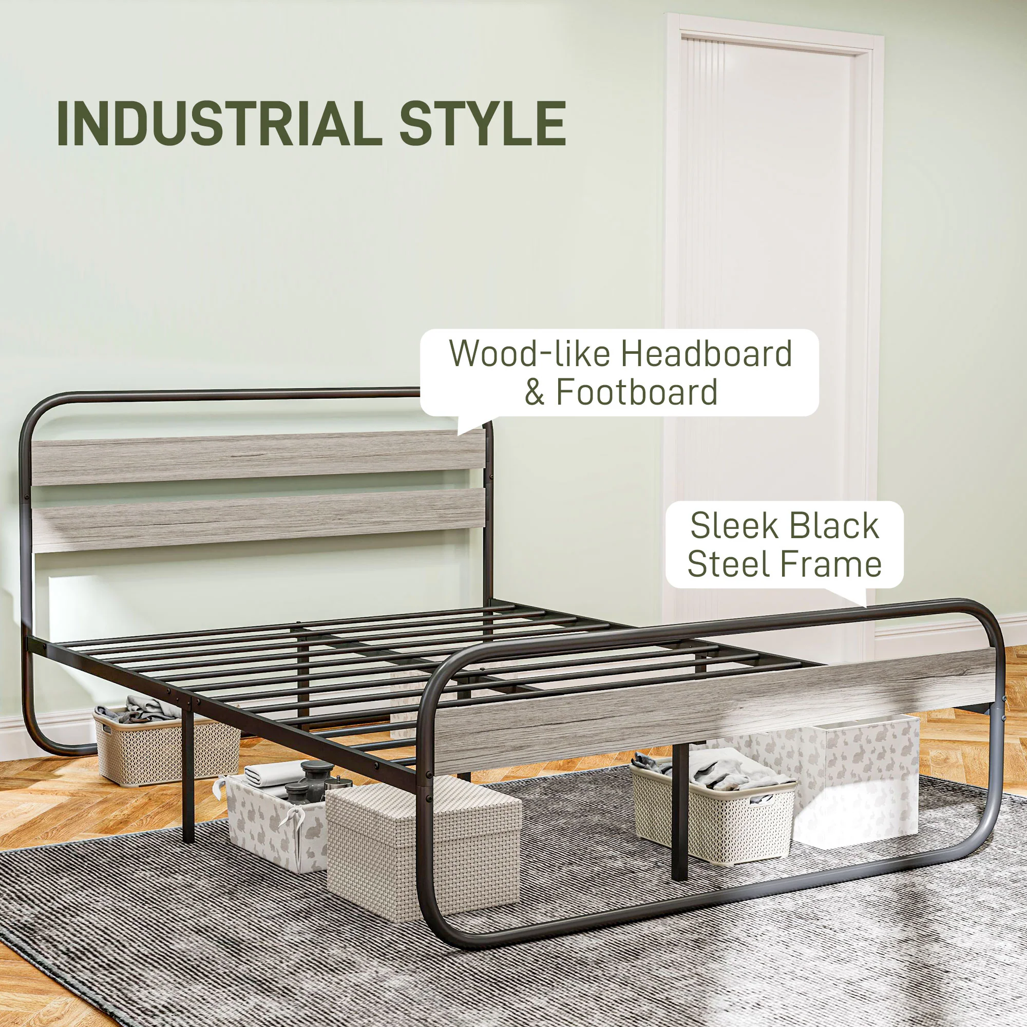 4ft6 Double Bed Frame, Industrial Style Platform with Under Bed Storage, Grey Metal - Image 4