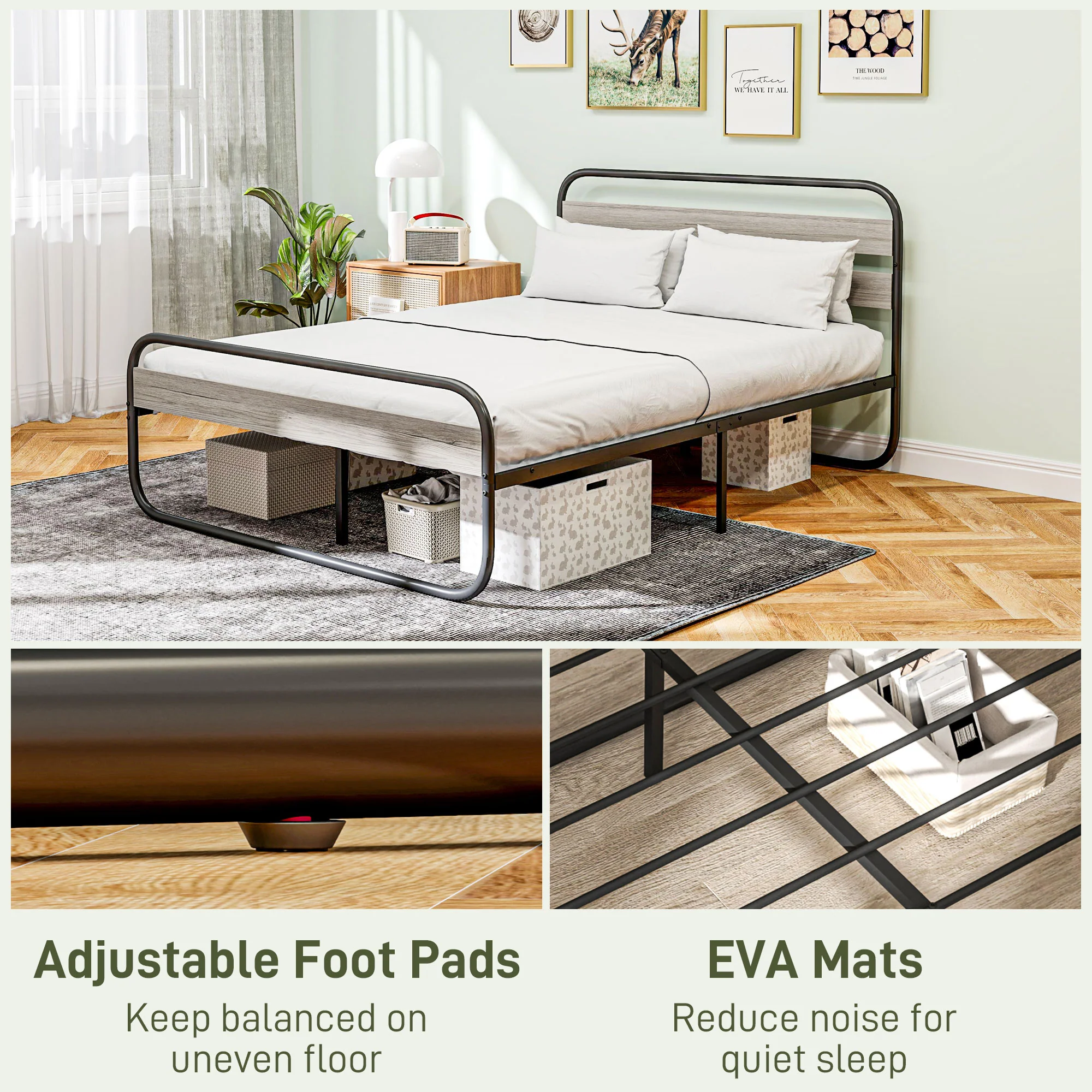 4ft6 Double Bed Frame, Industrial Style Platform with Under Bed Storage, Grey Metal - Image 6