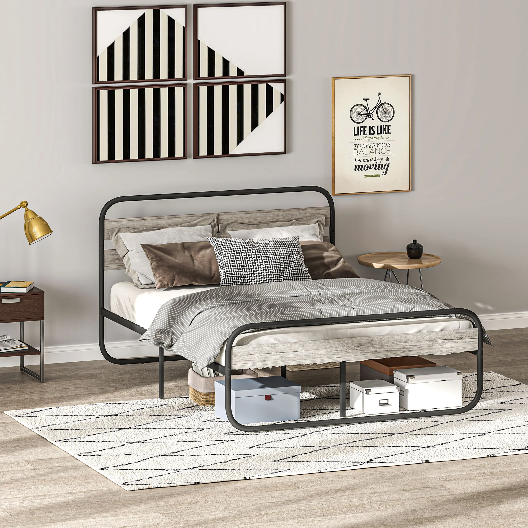 4ft6 Double Bed Frame, Industrial Style Platform with Under Bed Storage, Grey Metal - Image 7