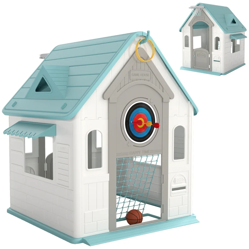 5-in-1 Playhouse for Kids Outdoor Indoor with Basketball Hoop, Football Goal, Dartboard, Ring Toss, Beige - Image 2