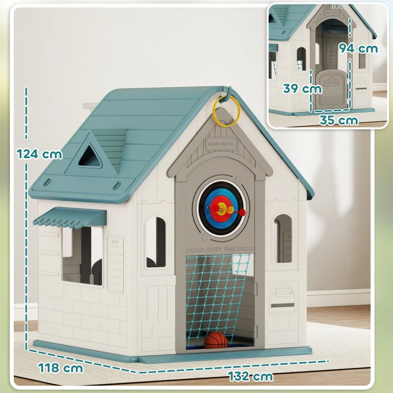 5-in-1 Playhouse for Kids Outdoor Indoor with Basketball Hoop, Football Goal, Dartboard, Ring Toss, Beige - Image 3