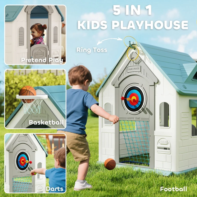 5-in-1 Playhouse for Kids Outdoor Indoor with Basketball Hoop, Football Goal, Dartboard, Ring Toss, Beige - Image 4